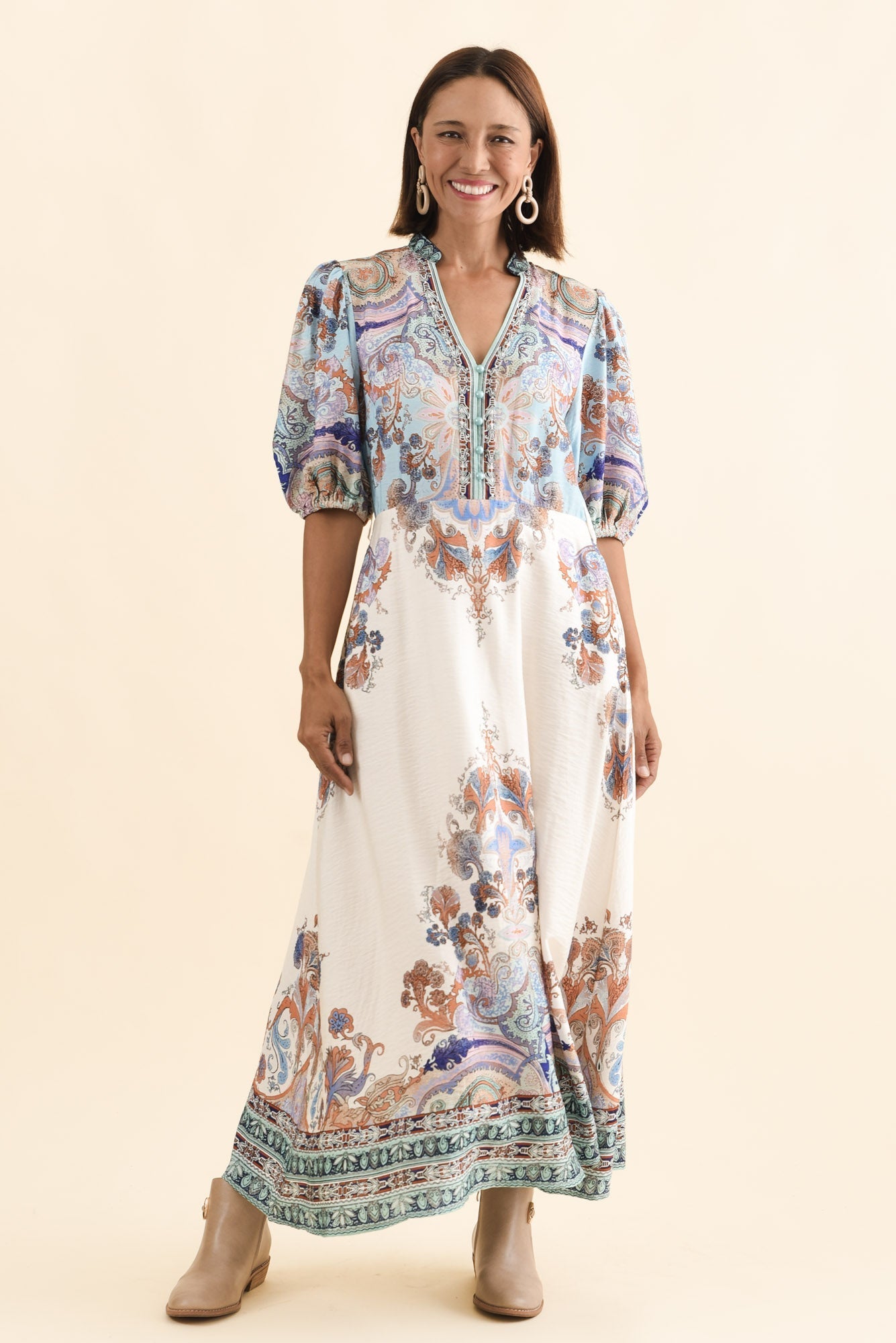 Marchant Blue Mosaic Linen Cotton Dress Front View 2