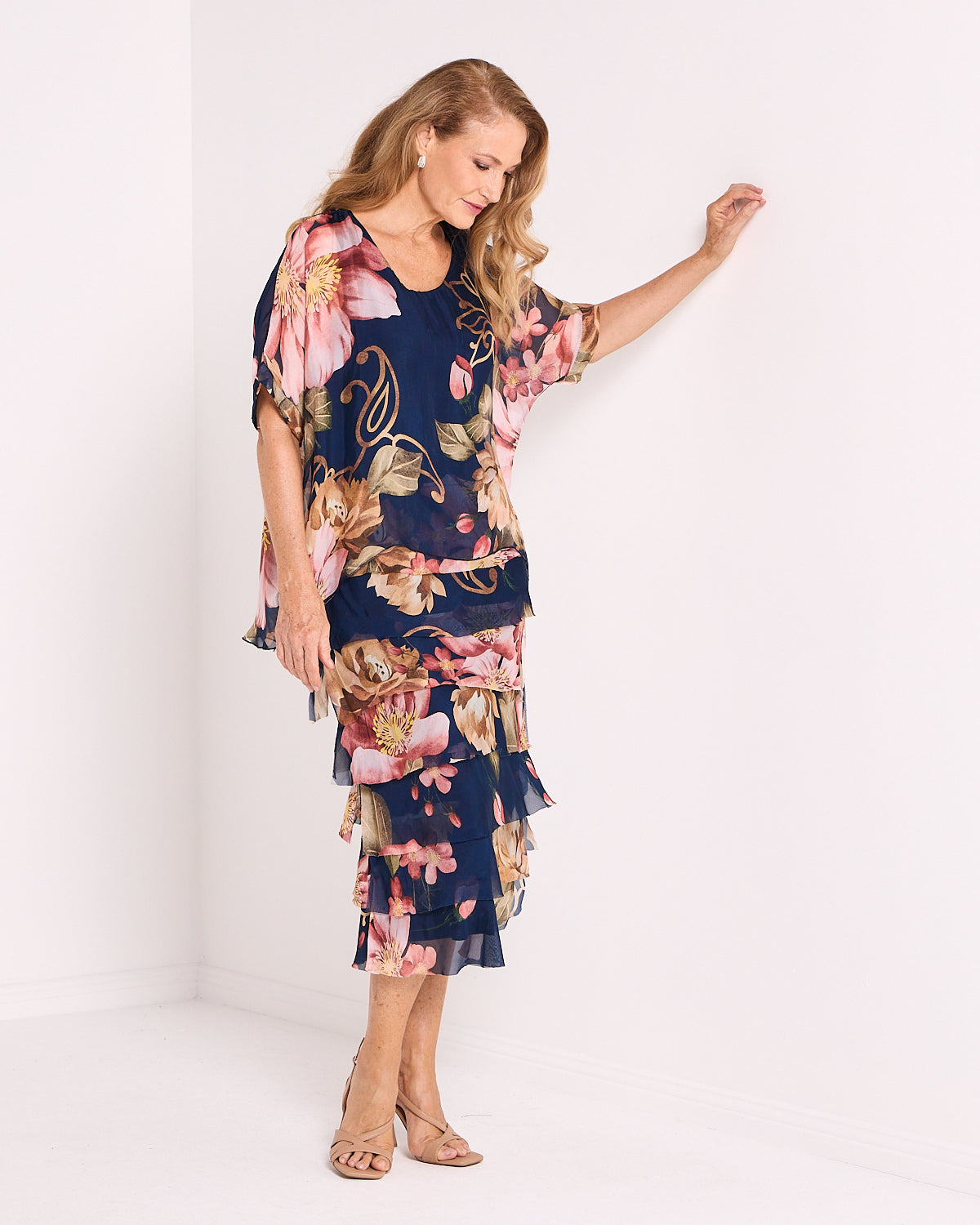 Women's Margo silk blend layered midi dress in Navy Pink Floral