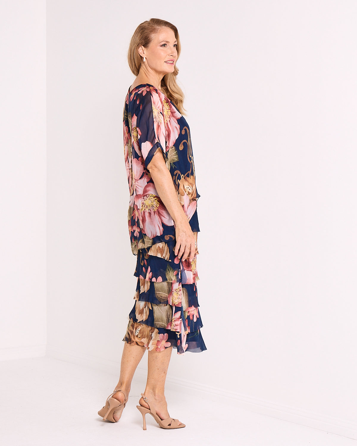 Women's Margo silk blend layered midi dress in Navy Pink Floral