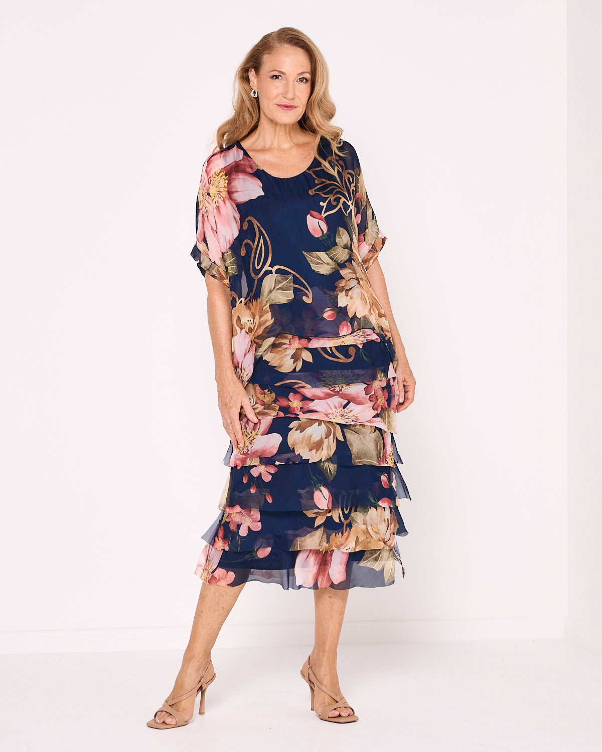 Women's Margo silk blend layered midi dress in Navy Pink Floral