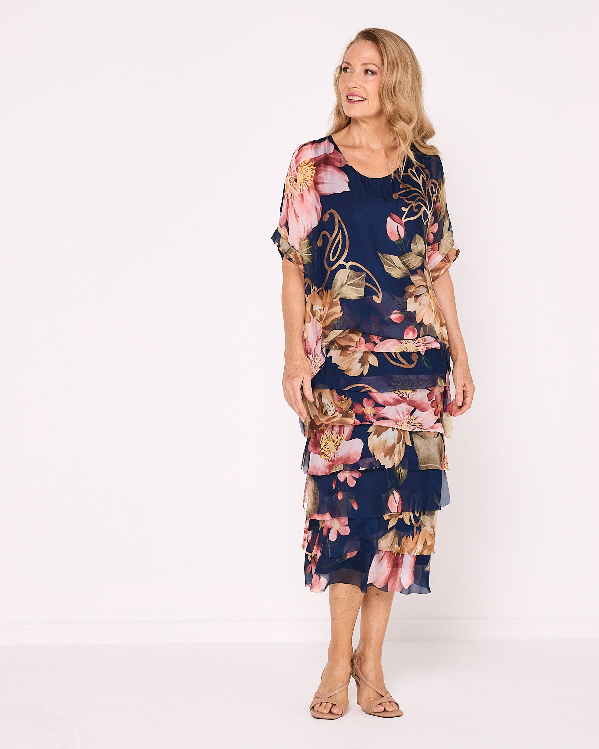 Women's Margo silk blend layered midi dress in Navy Pink Floral