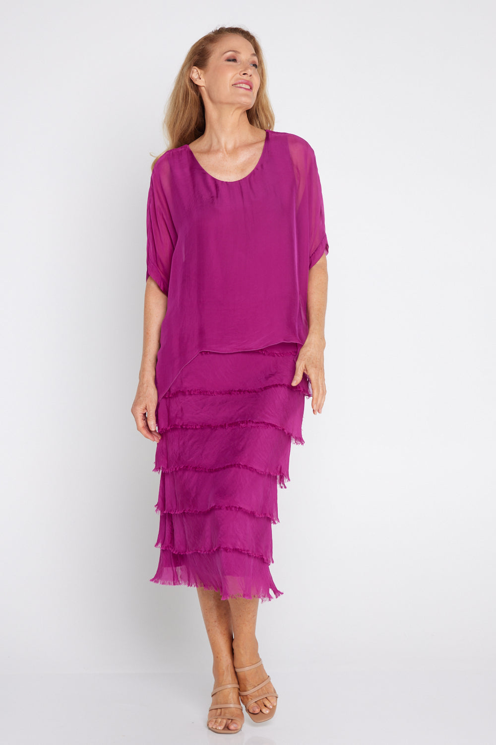 Women's Margo silk blend layered midi dress in Orchid