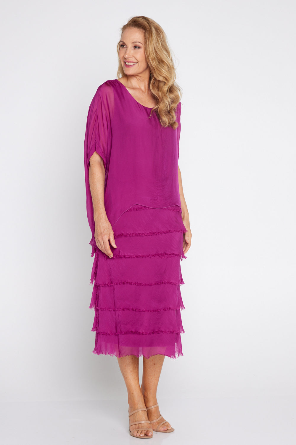 Women's Margo silk blend layered midi dress in Orchid