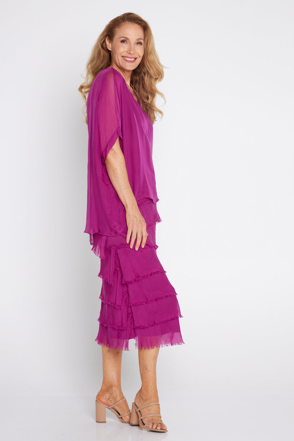 Women's Margo silk blend layered midi dress in Orchid