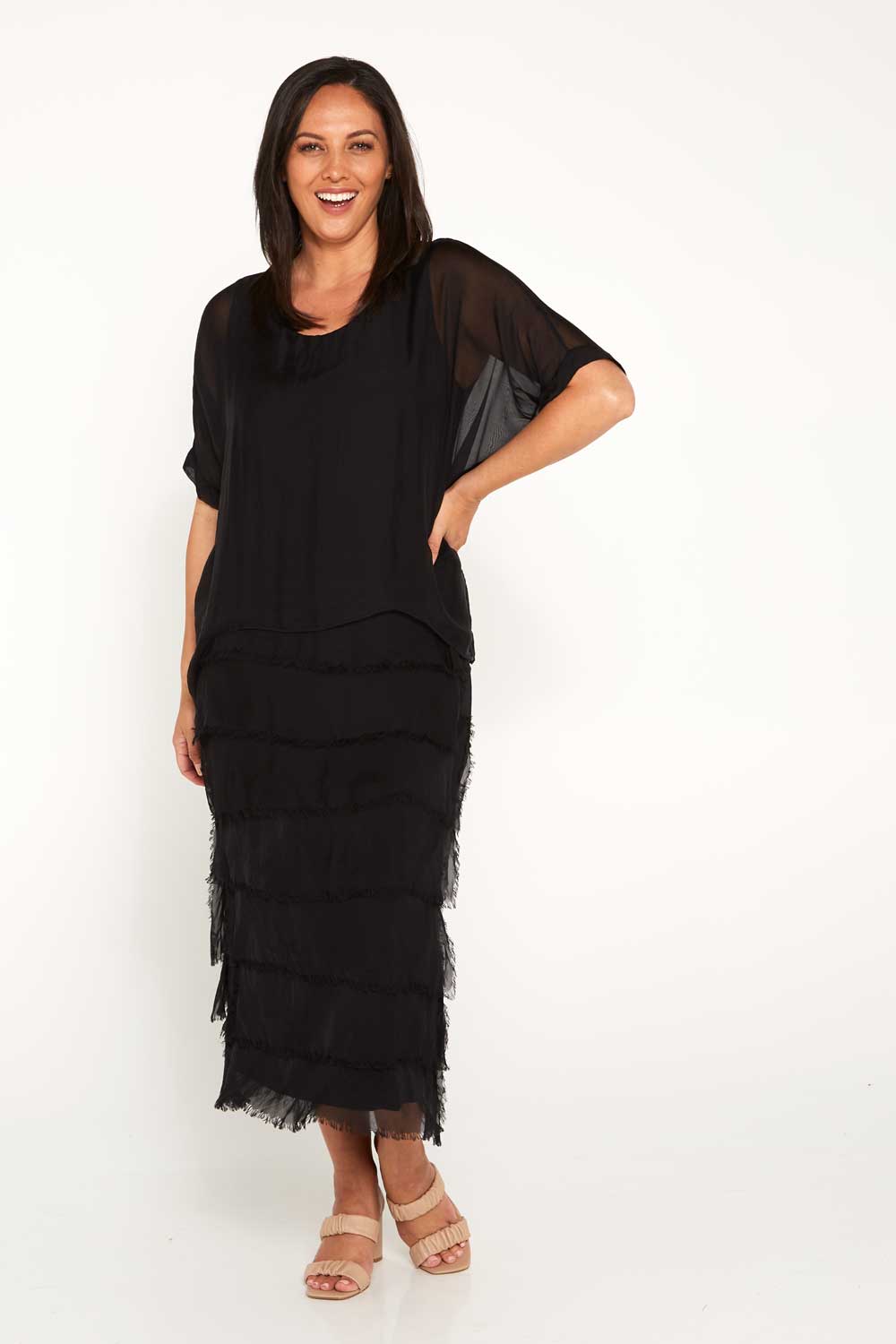 Women's Margo silk blend layered midi dress in Black