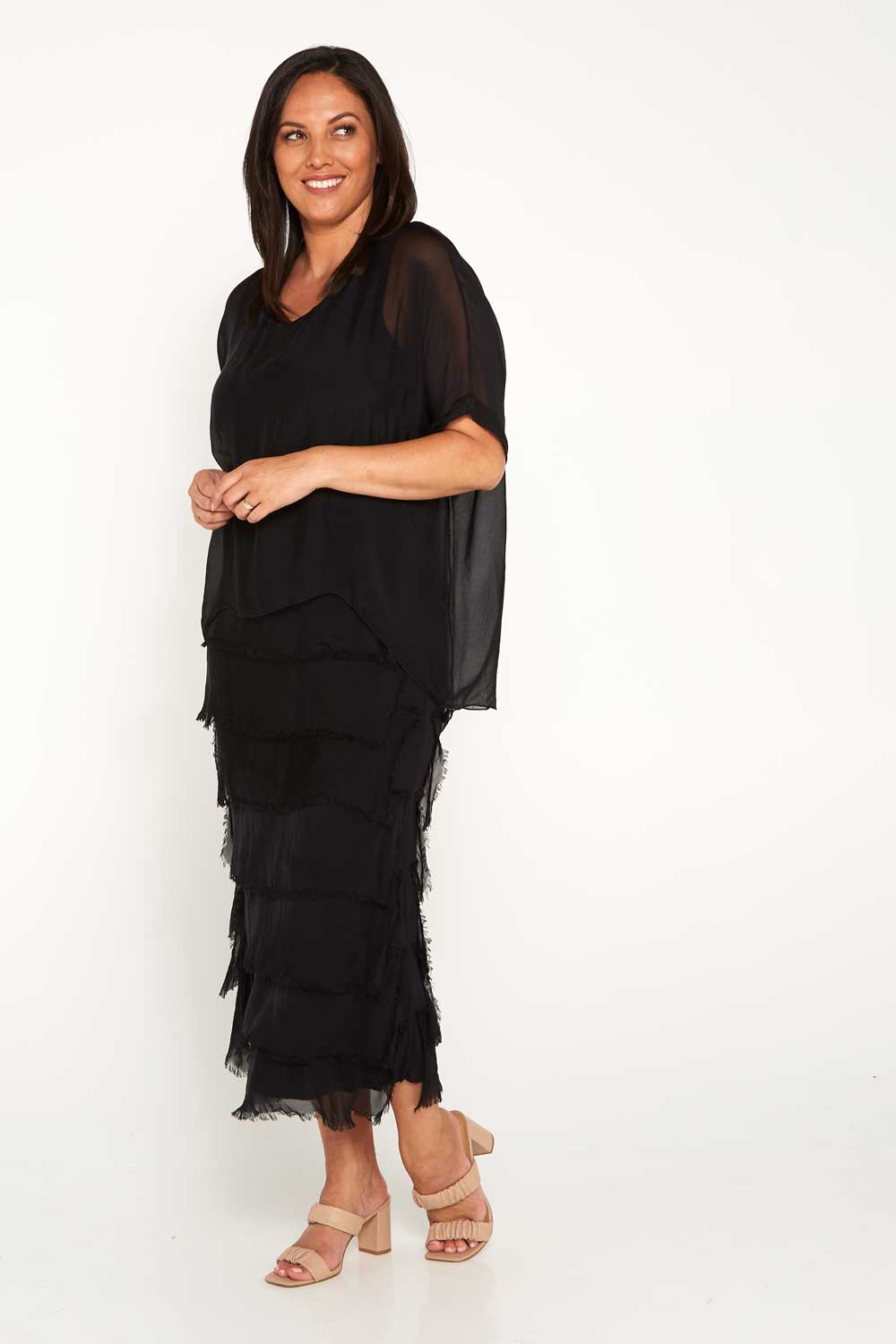 Women's Margo silk blend layered midi dress in Black