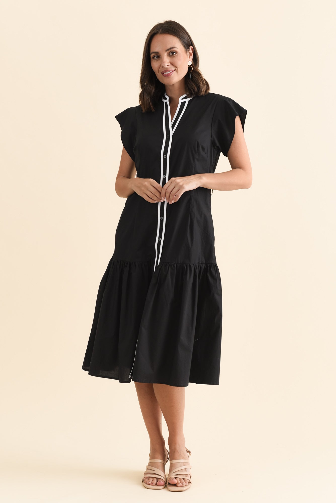 Mari Black Contrast Cotton Tie Dress Front View 2