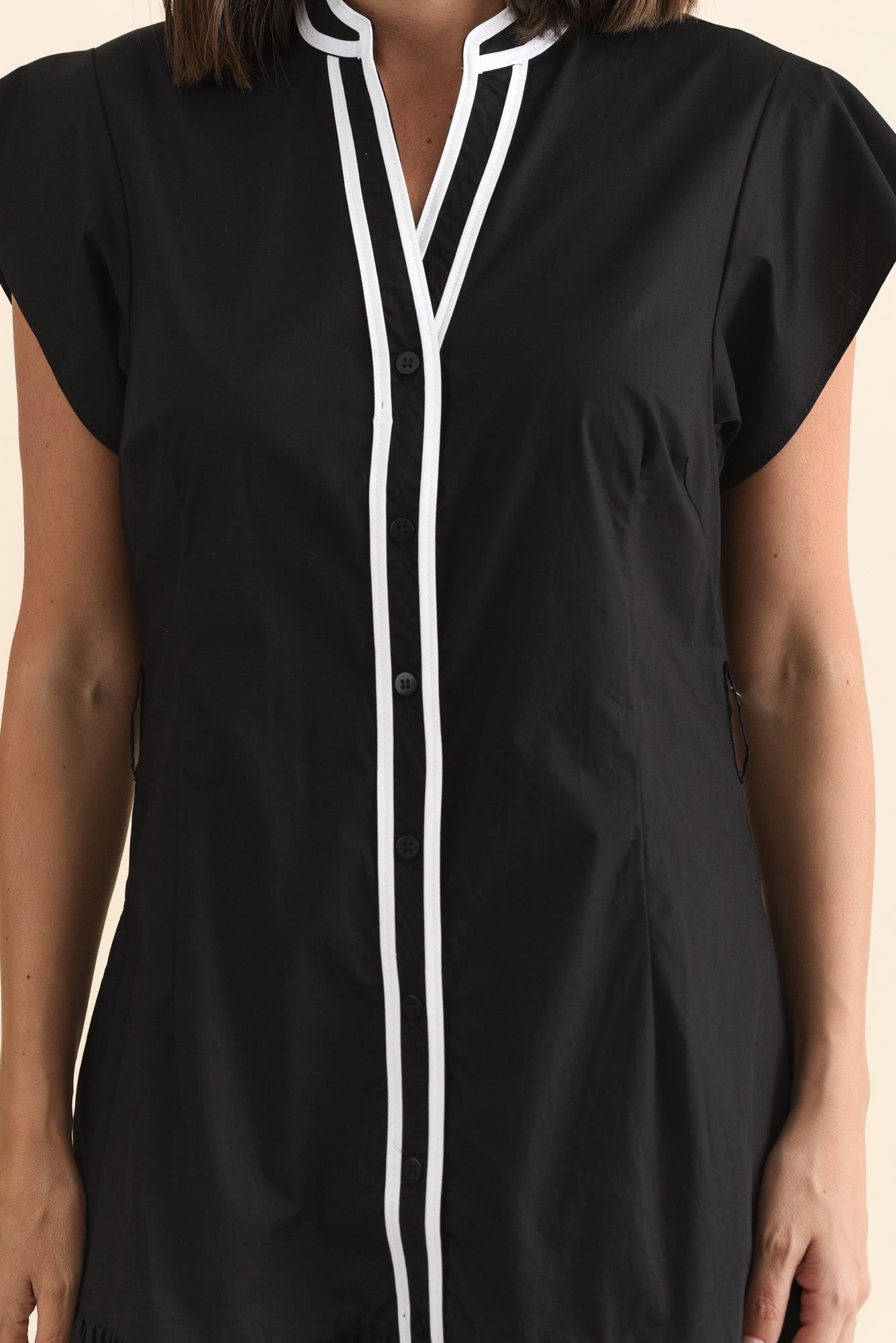 Mari Black Contrast Cotton Tie Dress Detail View