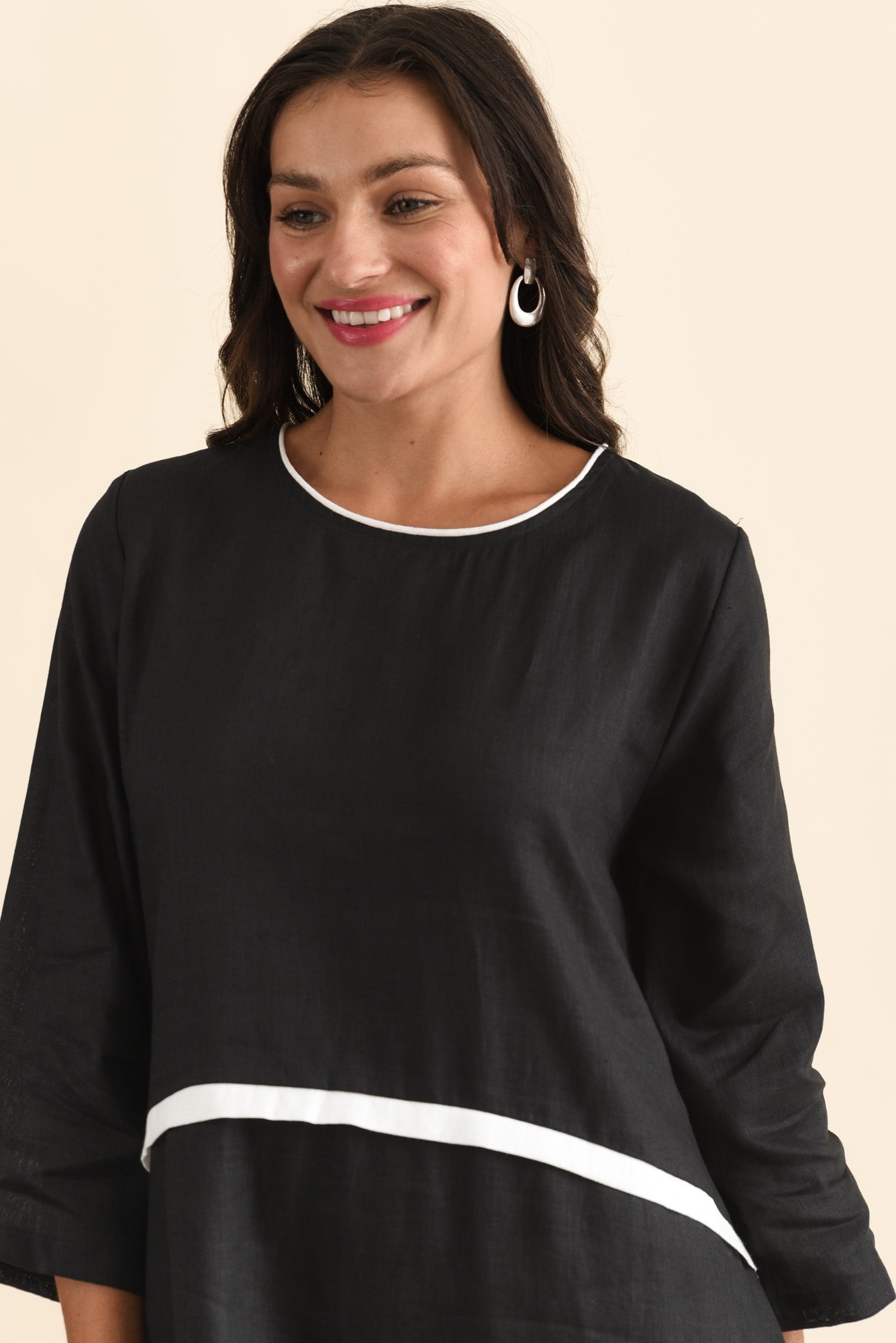 Mariam Black Contrast Linen Dress Full Length View