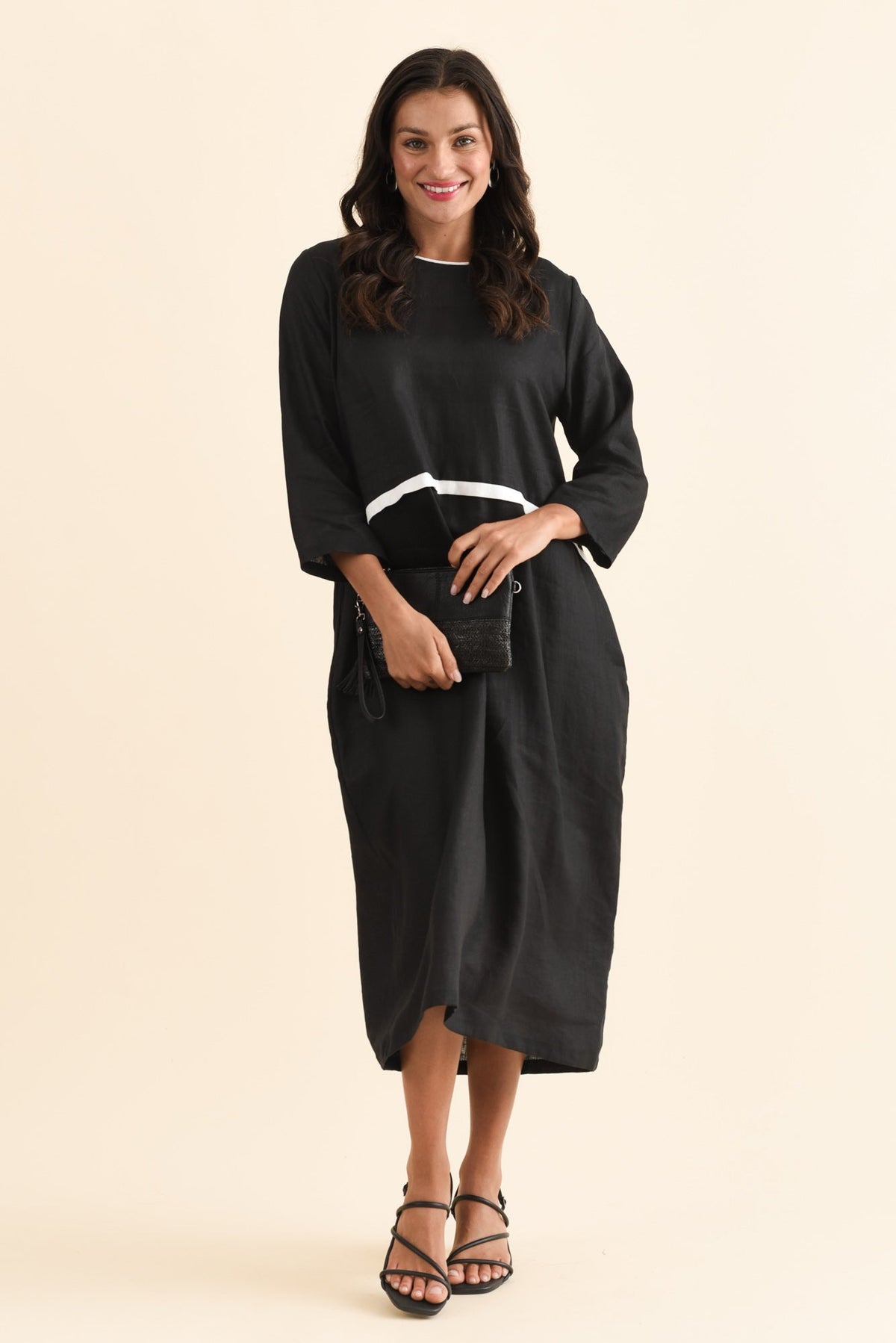 Mariam Black Contrast Linen Dress Front View