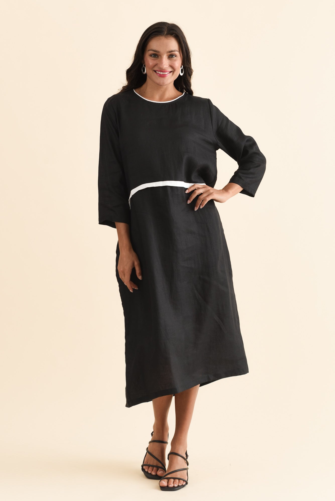 Mariam Black Contrast Linen Dress Back View 2