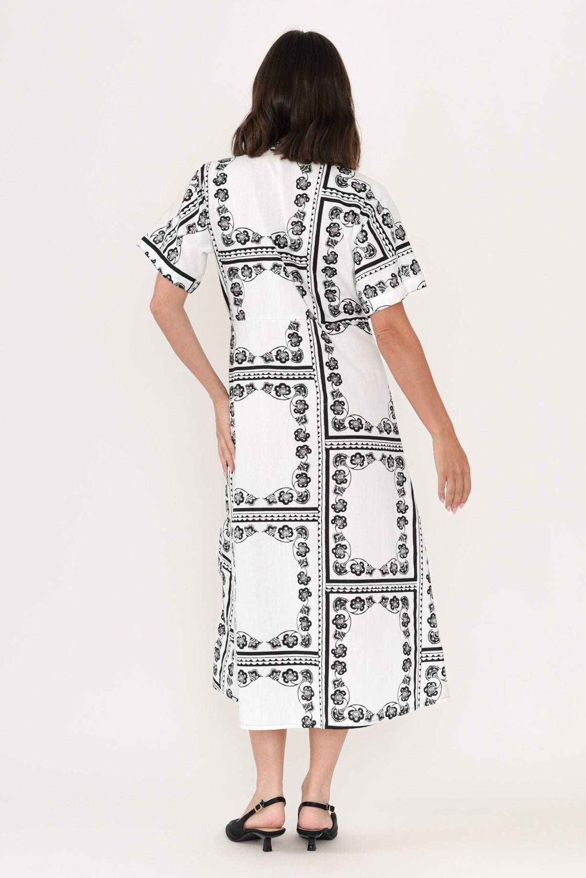 Marilyn White Tile Cotton Tie Dress Side View