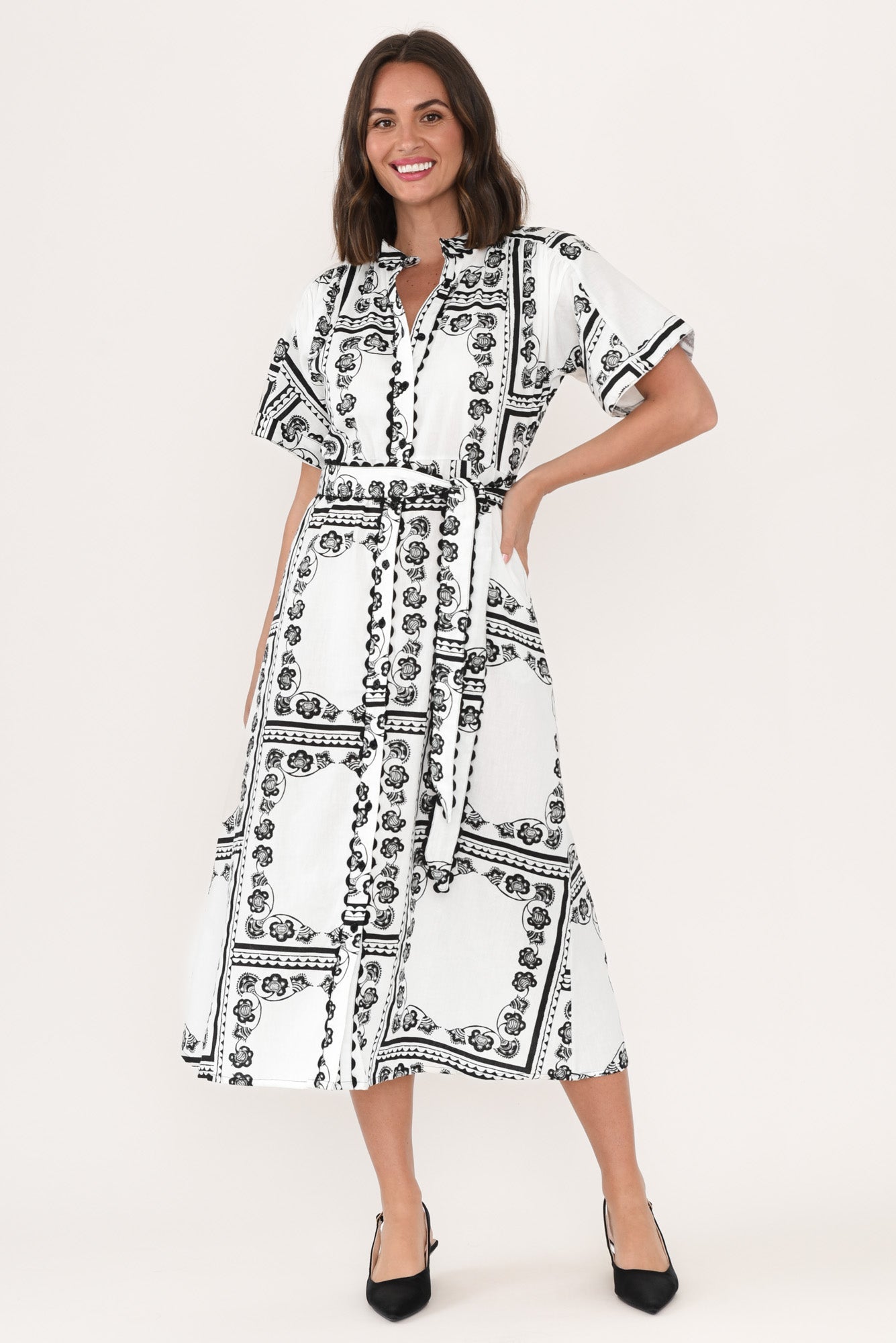Marilyn White Tile Cotton Tie Dress Back View