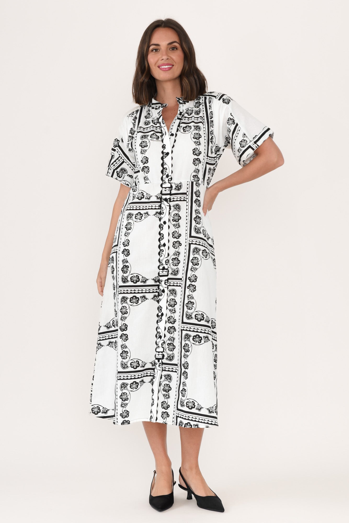 Marilyn White Tile Cotton Tie Dress Back View 2