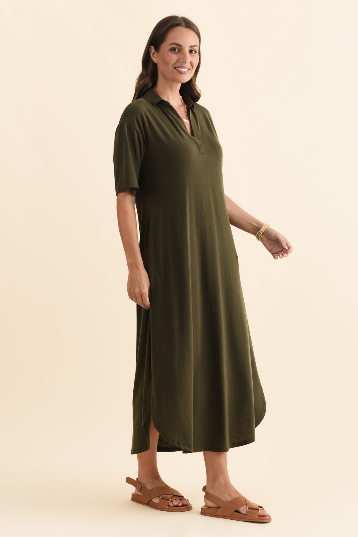 Marnie Khaki Bamboo Tie Dress Side View