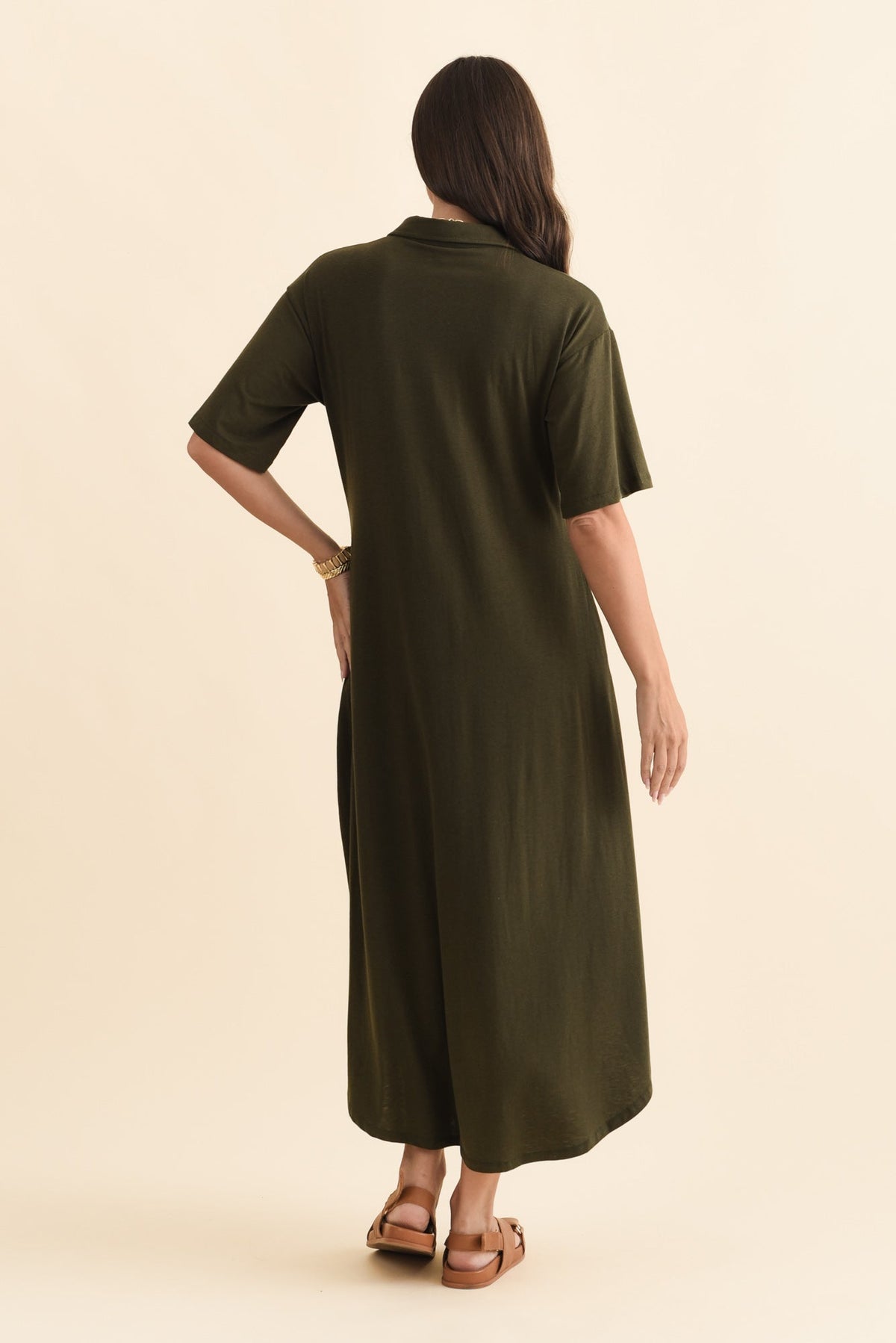 Marnie Khaki Bamboo Tie Dress Back View