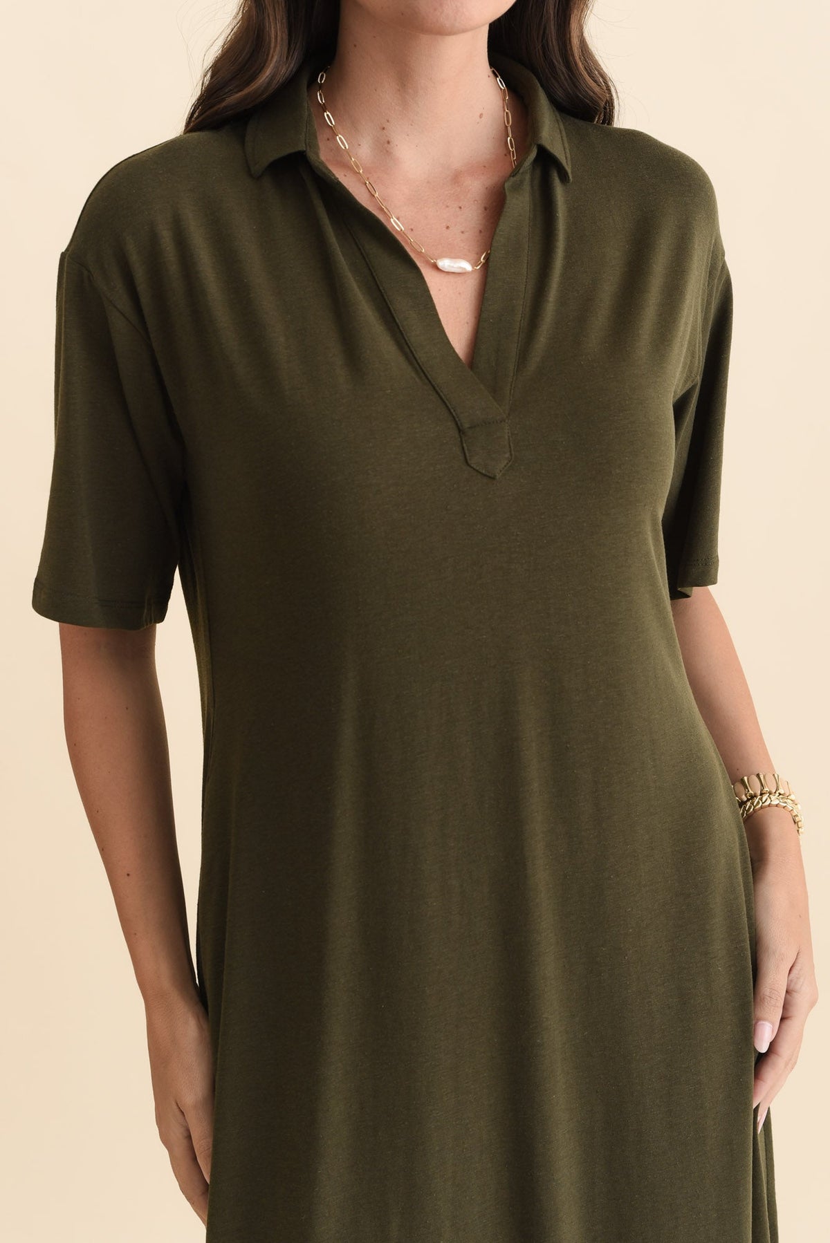 Marnie Khaki Bamboo Tie Dress Detail View