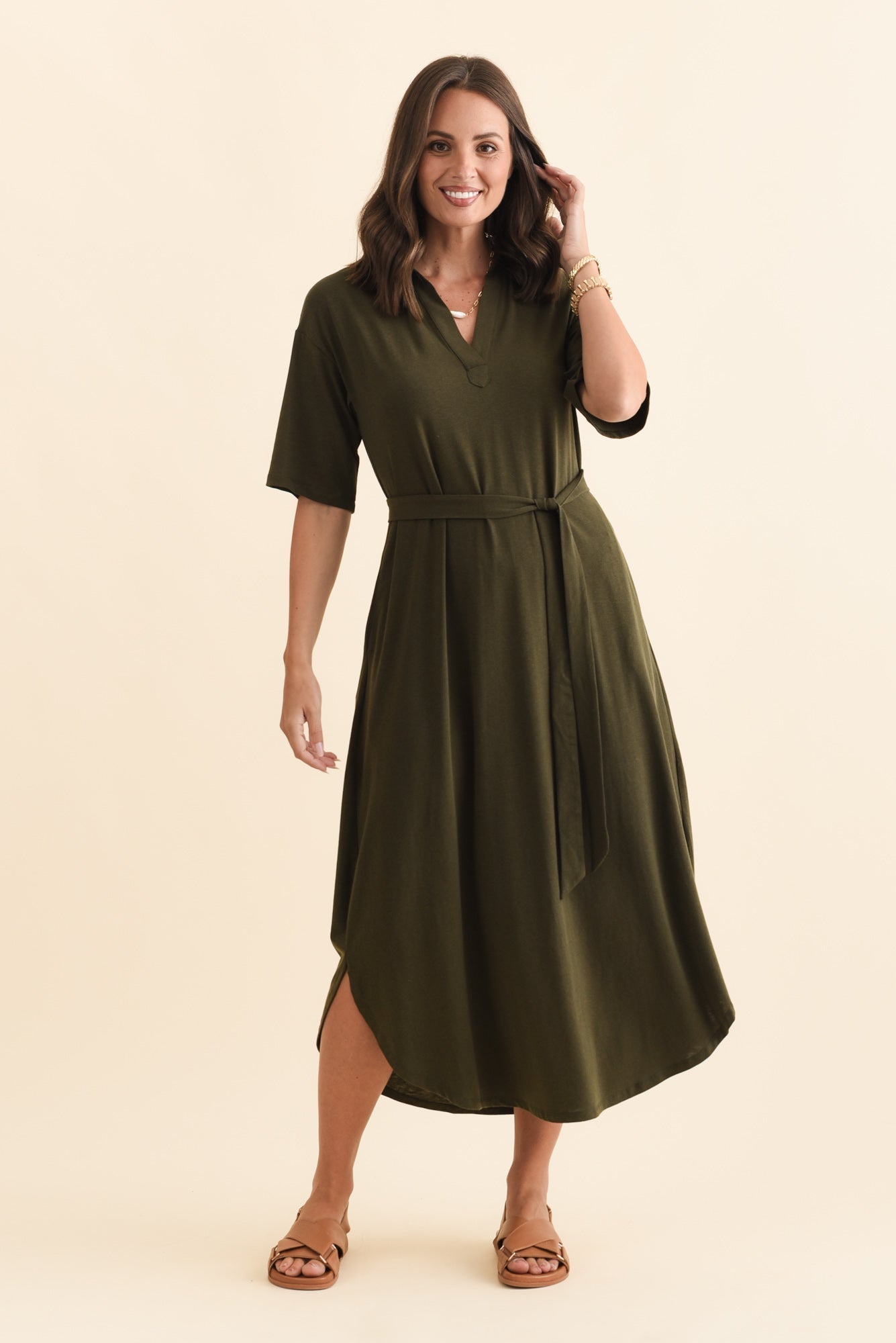 Marnie Khaki Bamboo Tie Dress Front View
