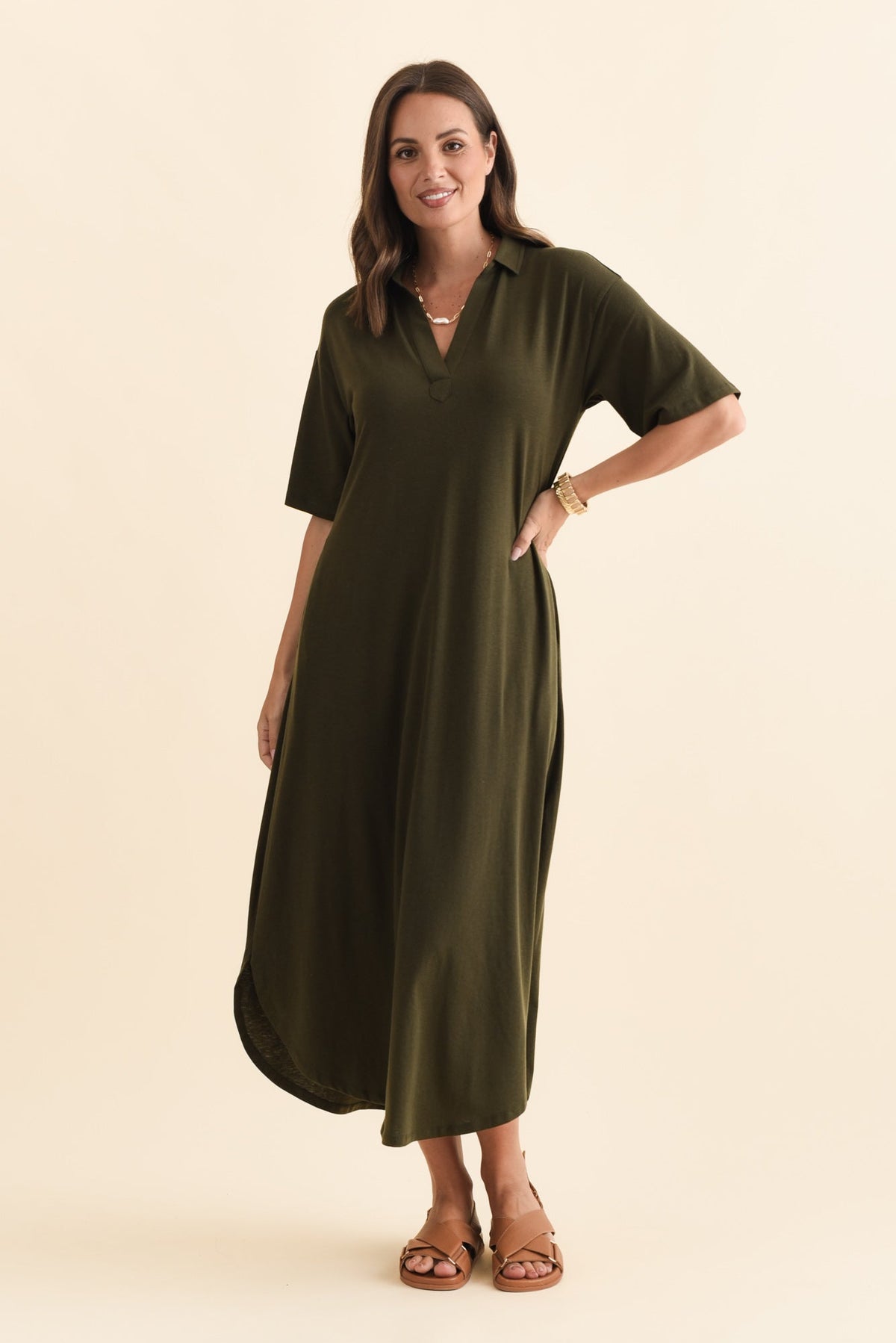 Marnie Khaki Bamboo Tie Dress Full Length View