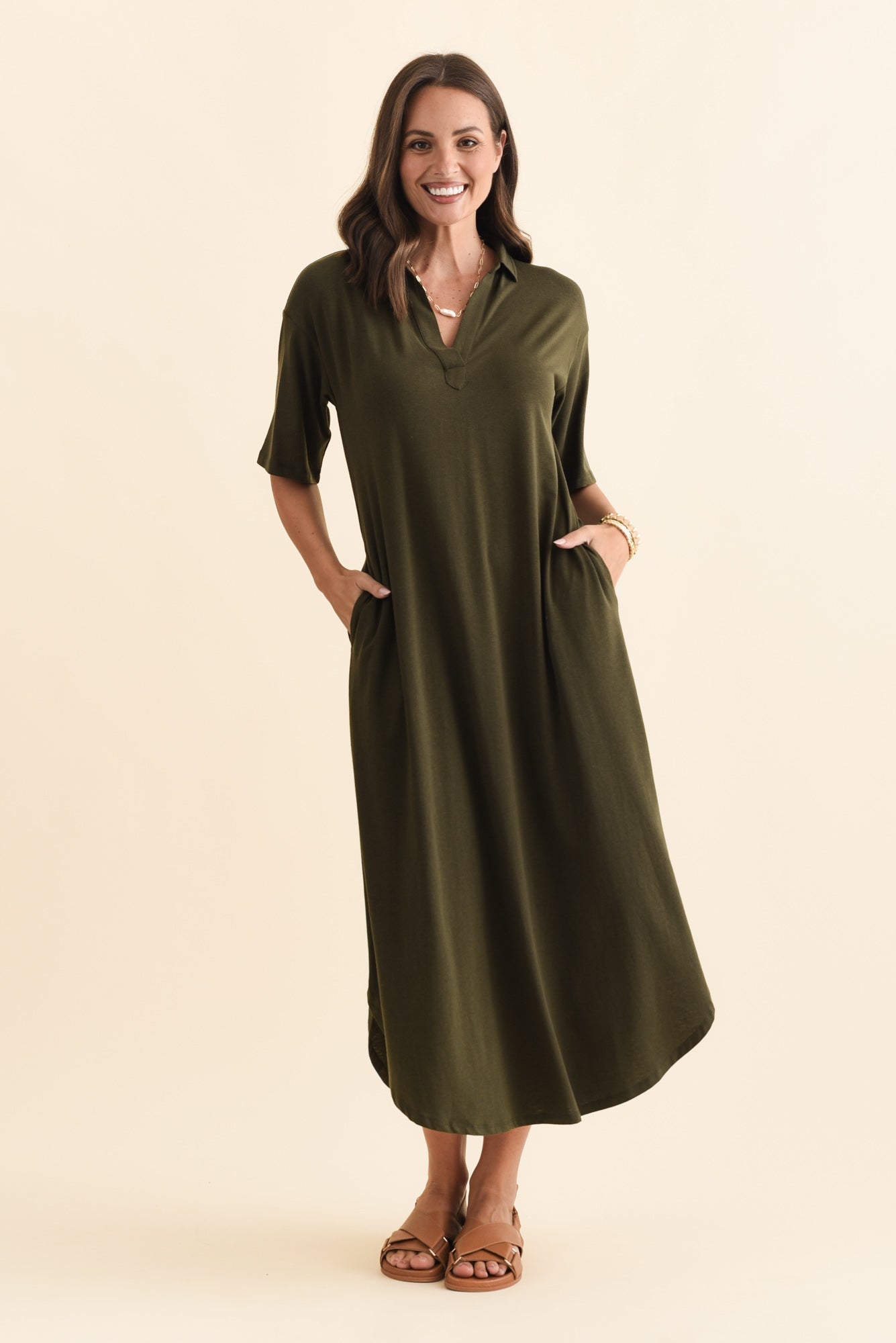 Marnie Khaki Bamboo Tie Dress Front View 2