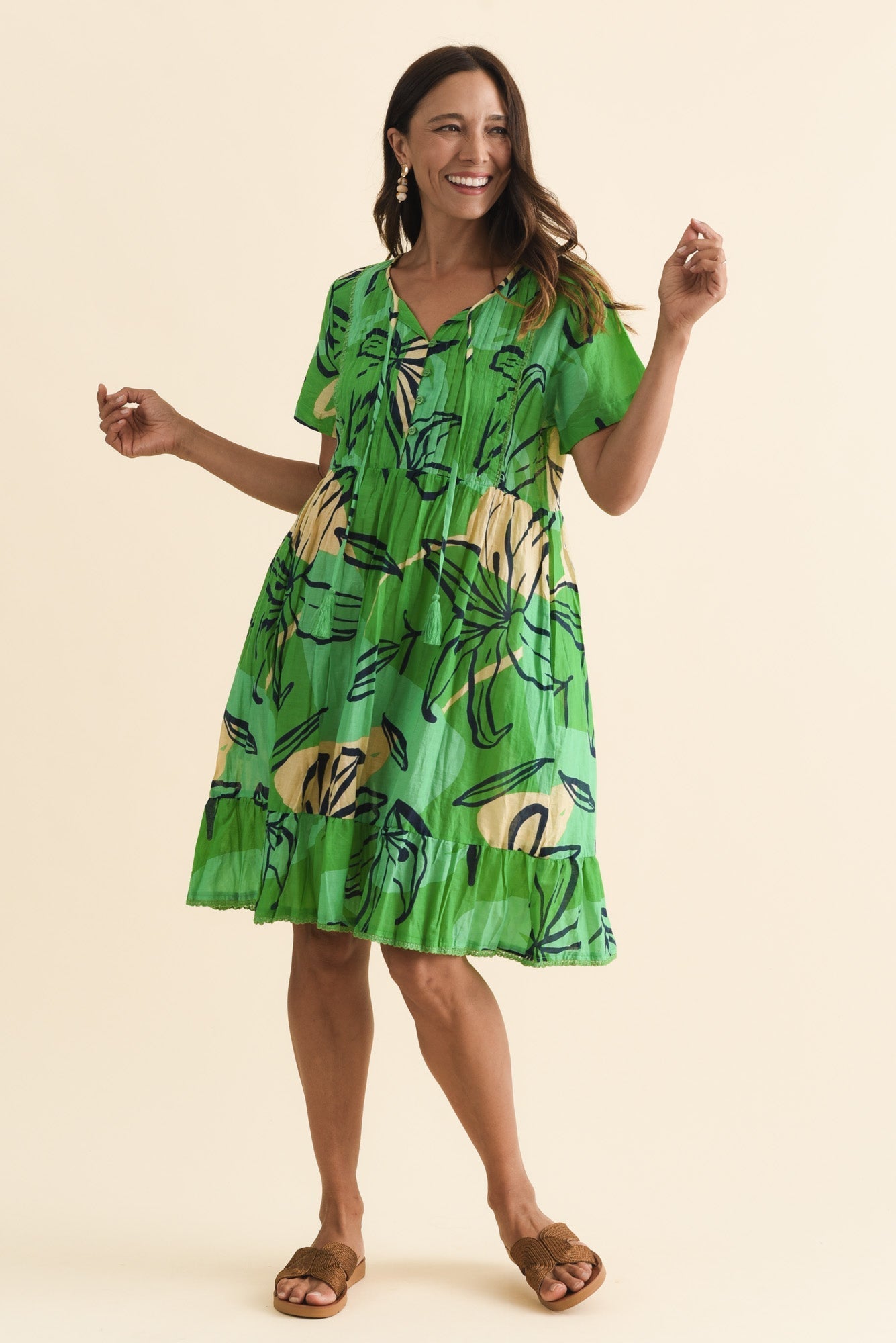 Marisol Green Lily Crinkle Cotton Dress Front View