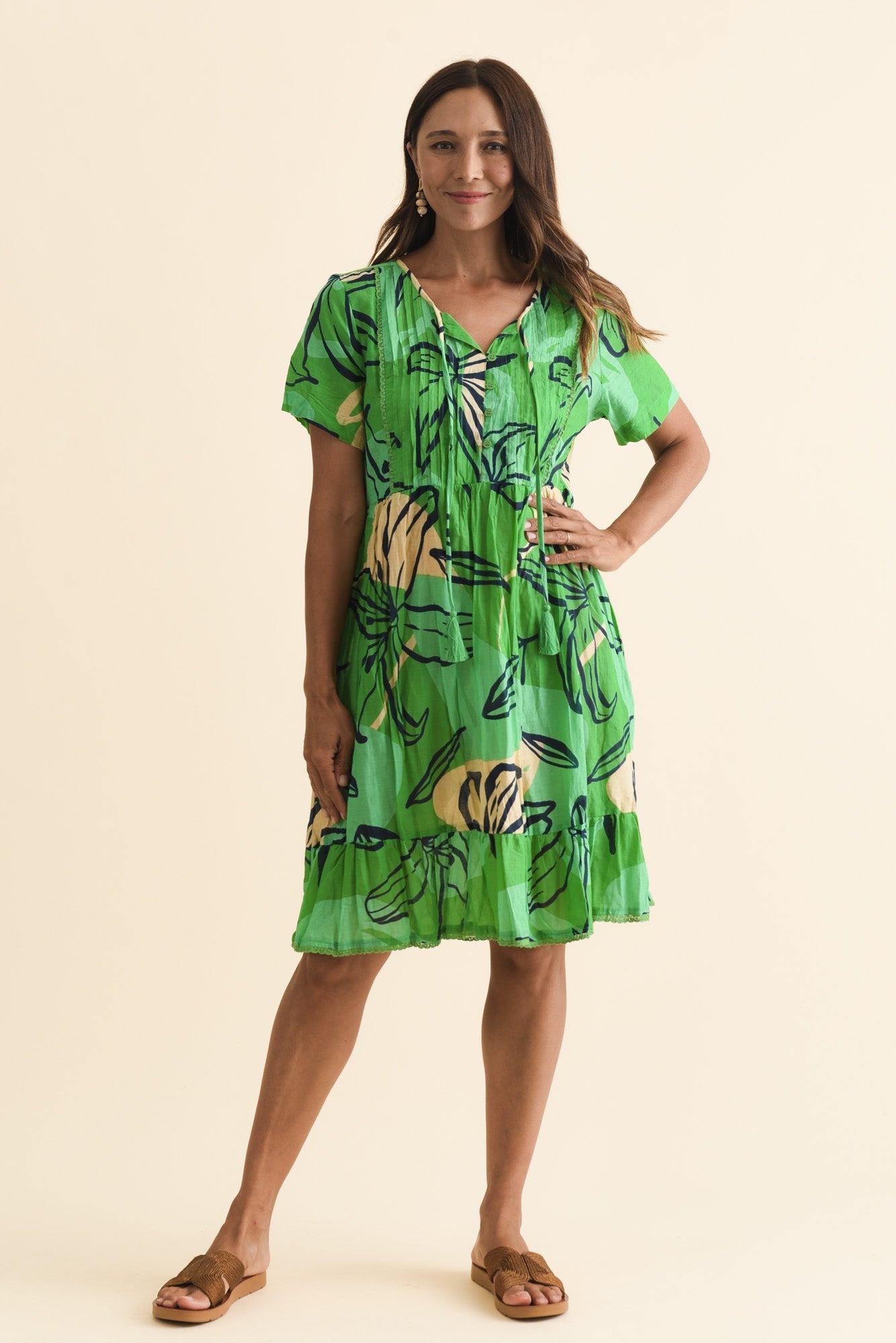 Marisol Green Lily Crinkle Cotton Dress Front View 2