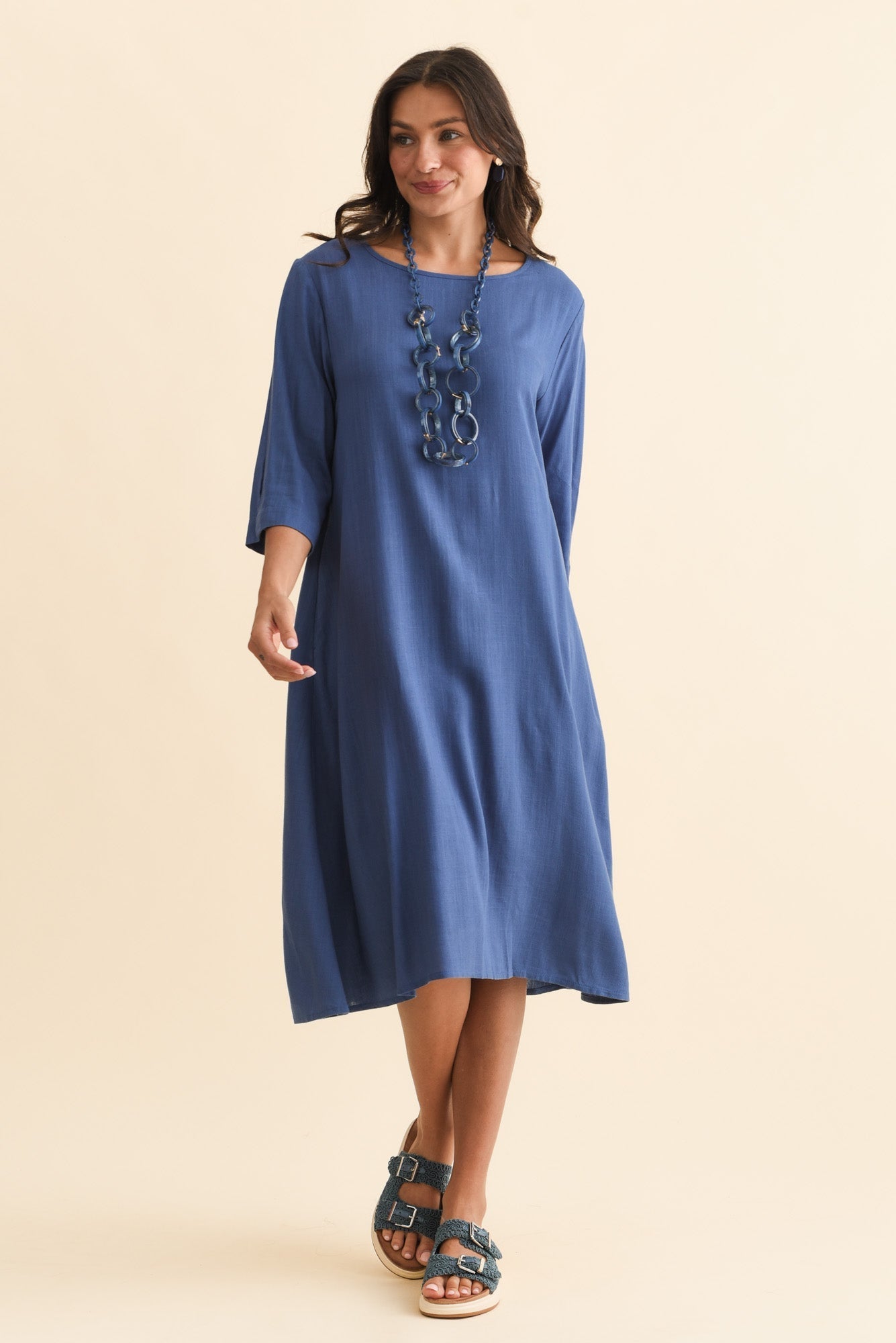 Marley Blue Linen Blend Dress Full Length View