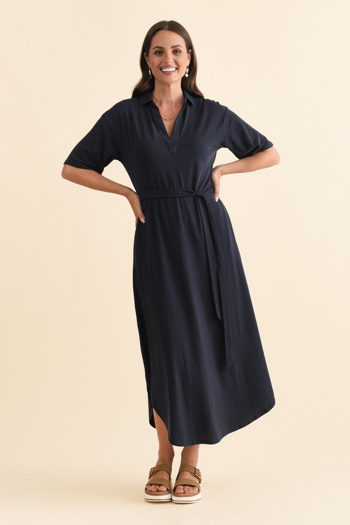 Marnie Navy Bamboo Tie Dress Full Length View