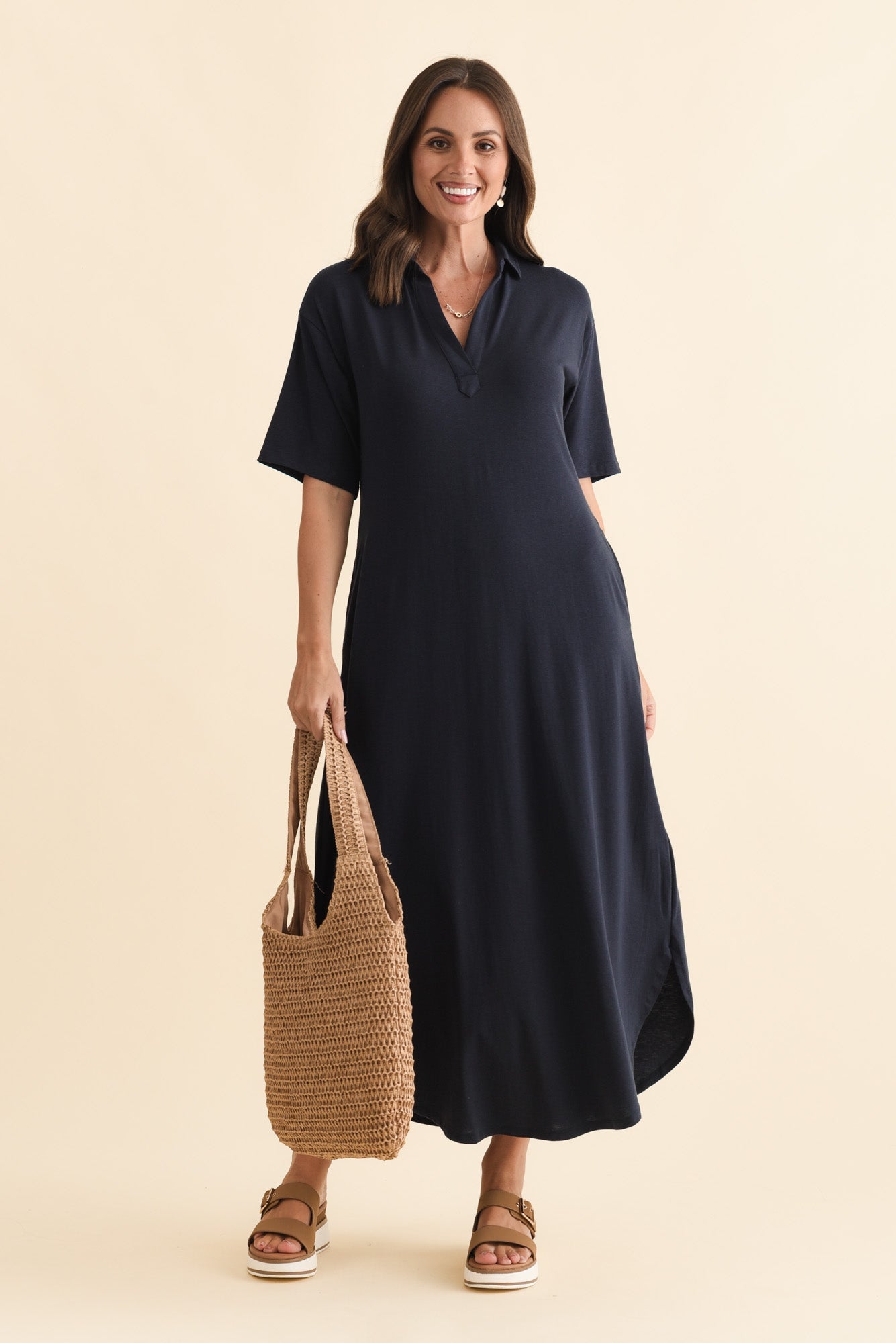 Marnie Navy Bamboo Tie Dress Front View 2