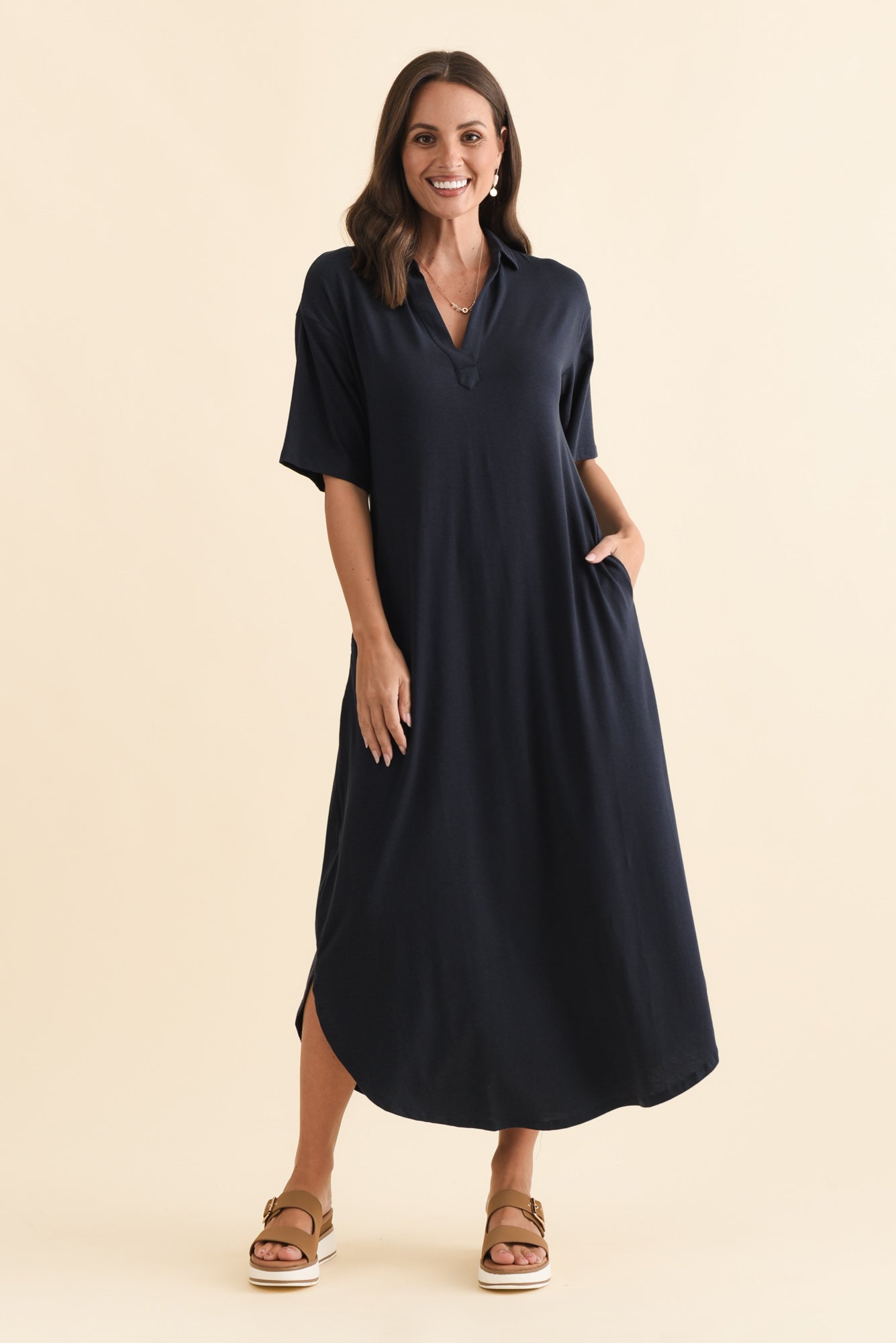 Marnie Navy Bamboo Tie Dress Front View