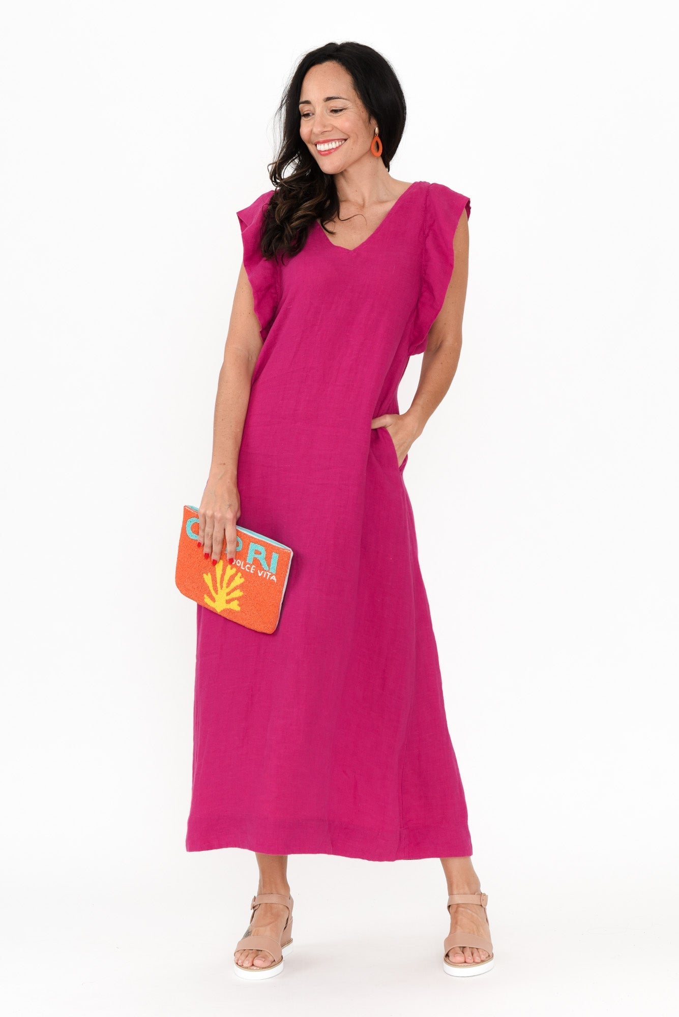 Matilda Hot Pink Pink Linen Dress Front View 2
