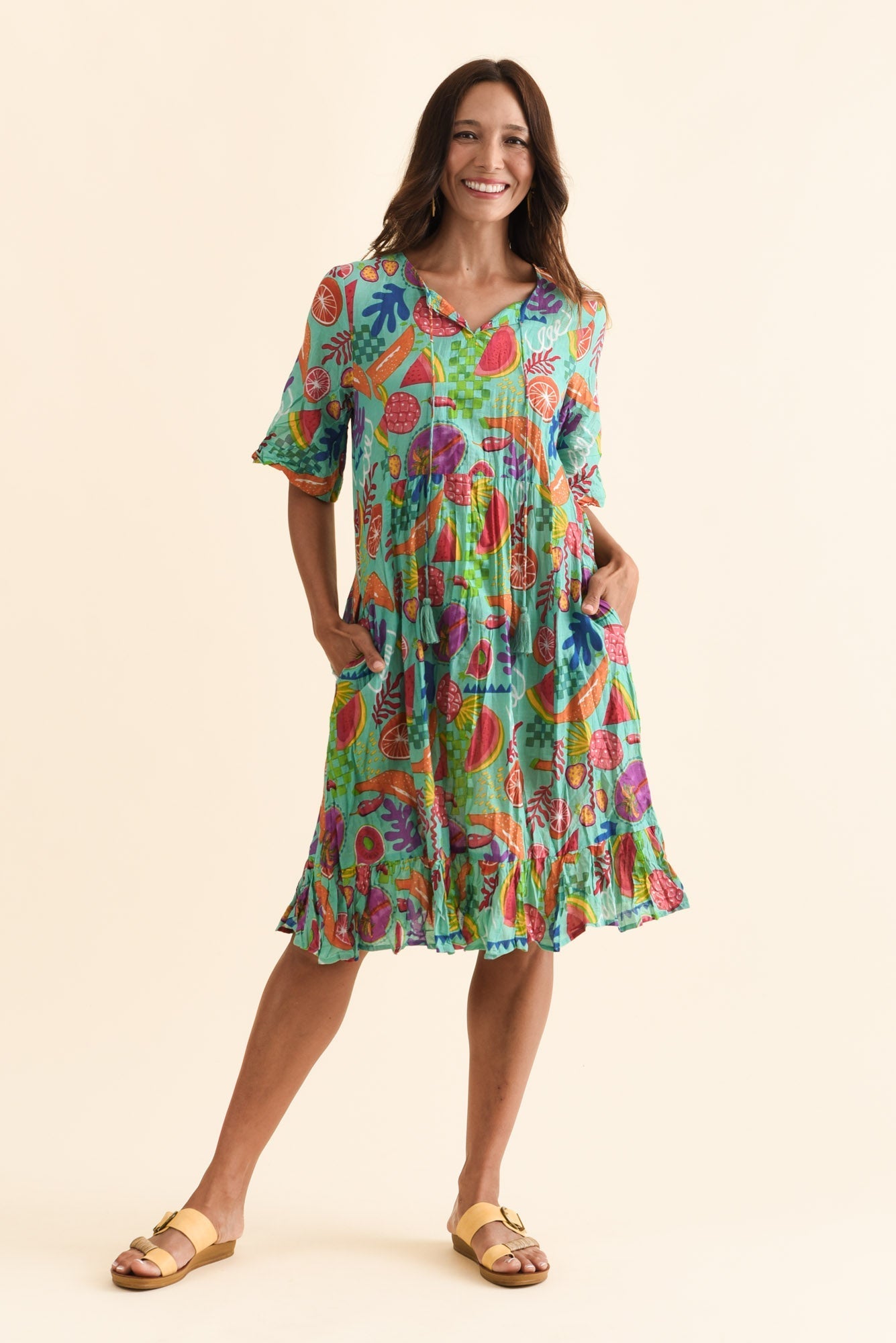 Mila Blue Garden Crinkle Cotton Dress Front View 2