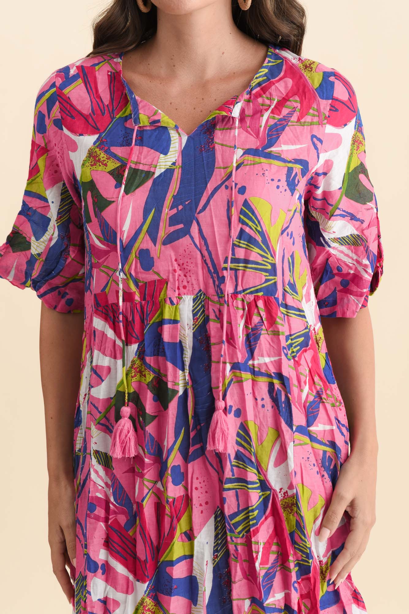 Mila Fuchsia Leaf Crinkle Cotton Dress Detail View