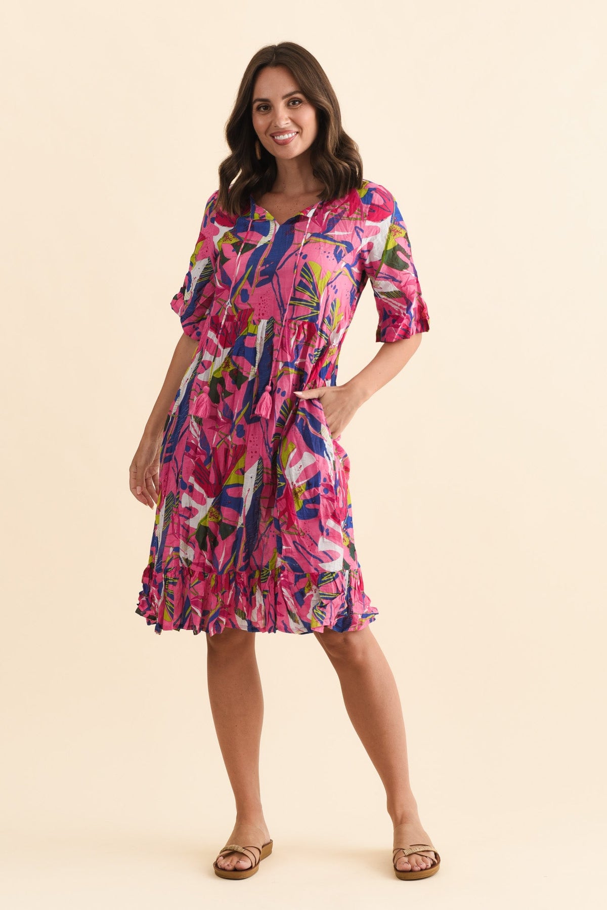 Mila Fuchsia Leaf Crinkle Cotton Dress Front View 2