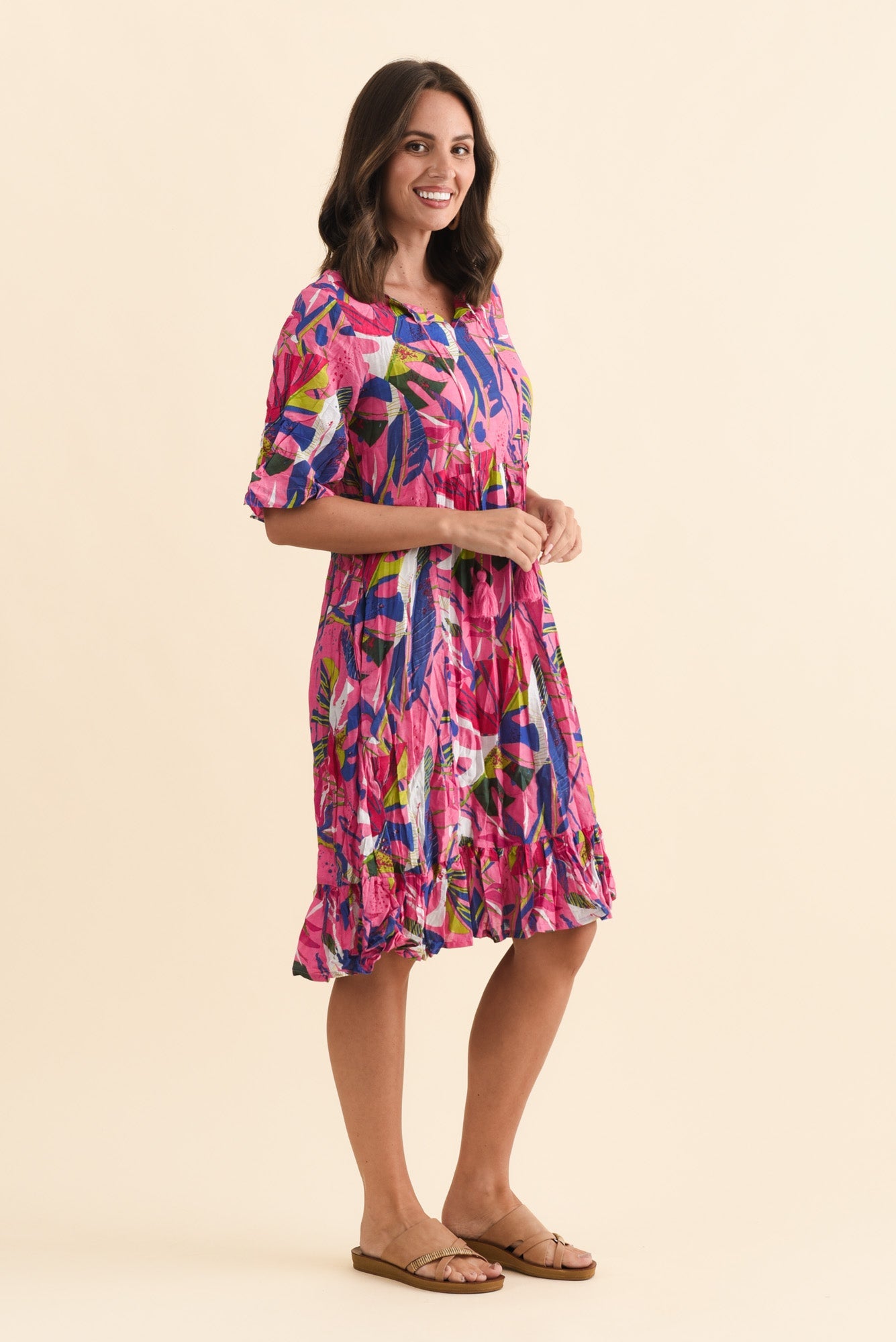 Mila Fuchsia Leaf Crinkle Cotton Dress Back View