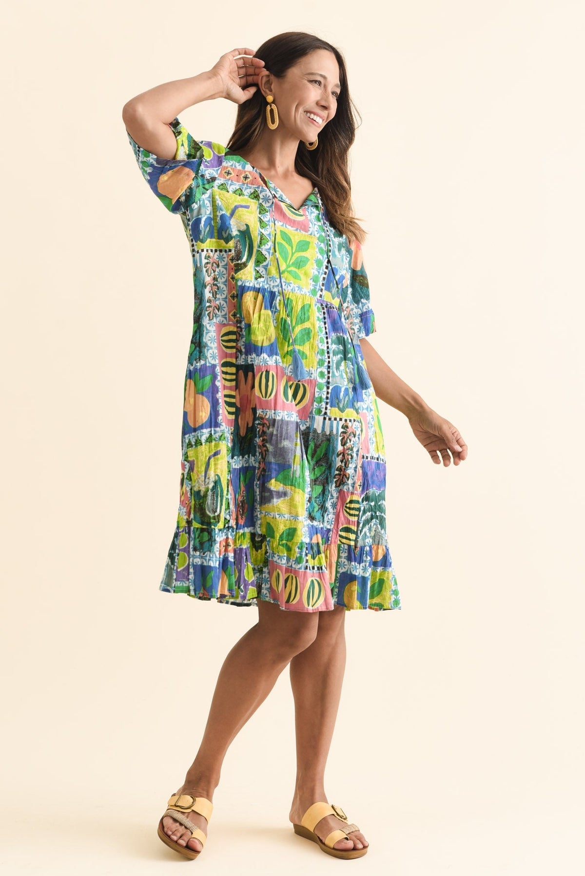 Mila Green Tile Crinkle Cotton Dress Full Length View