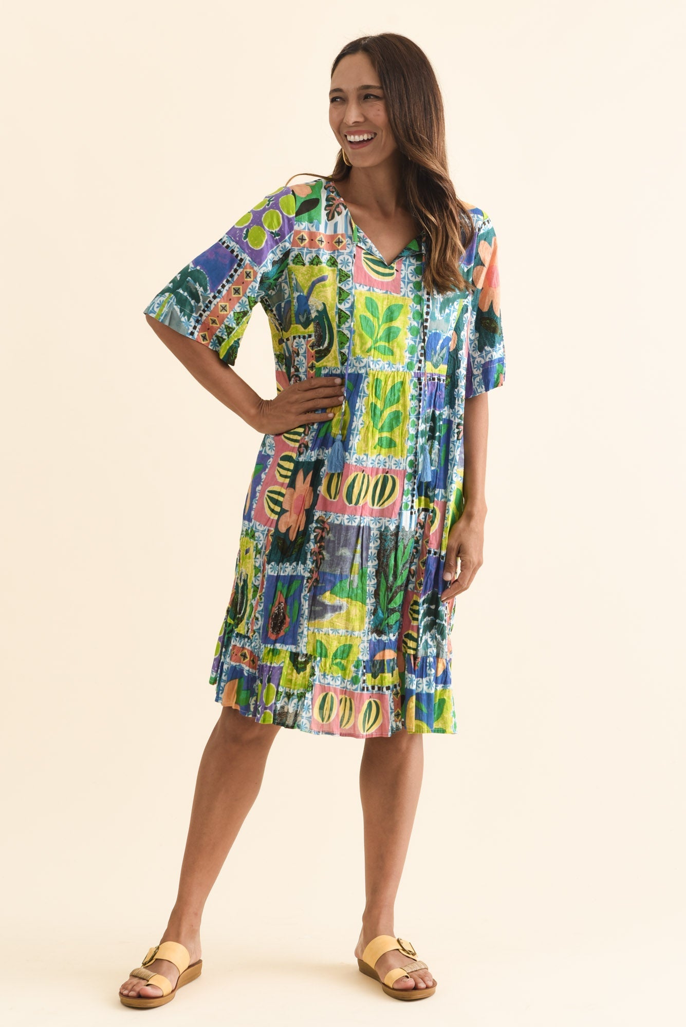 Mila Green Tile Crinkle Cotton Dress Front View