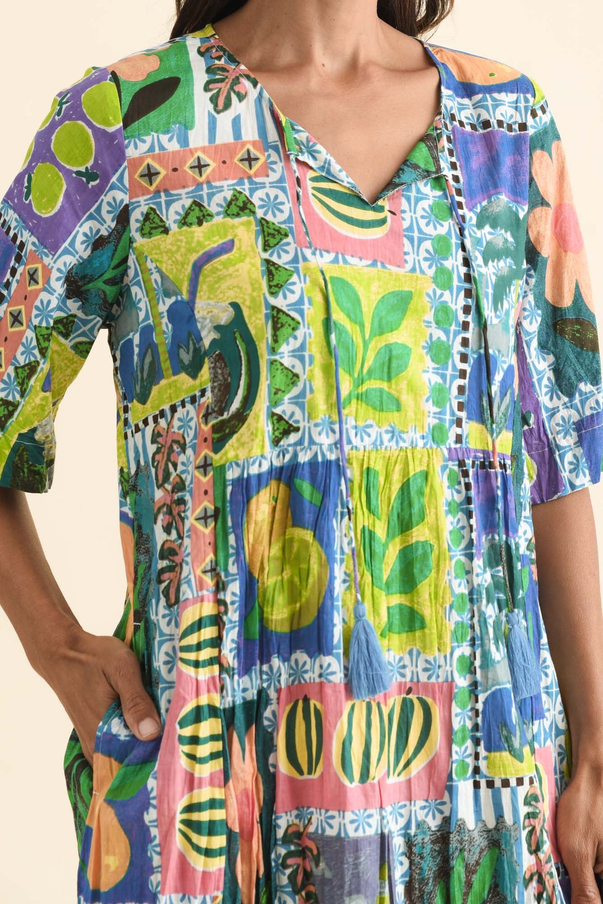 Mila Green Tile Crinkle Cotton Dress Detail View