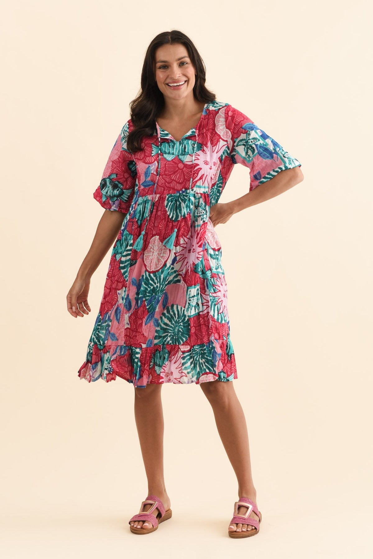 Mila Pink Abstract Crinkle Cotton Dress Front View