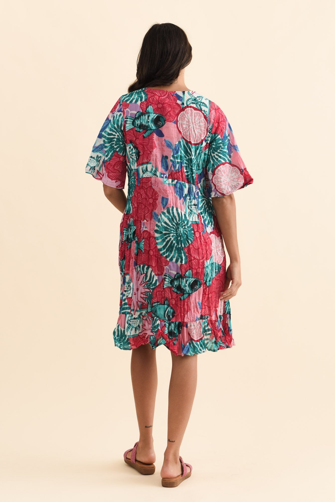 Mila Pink Abstract Crinkle Cotton Dress Back View
