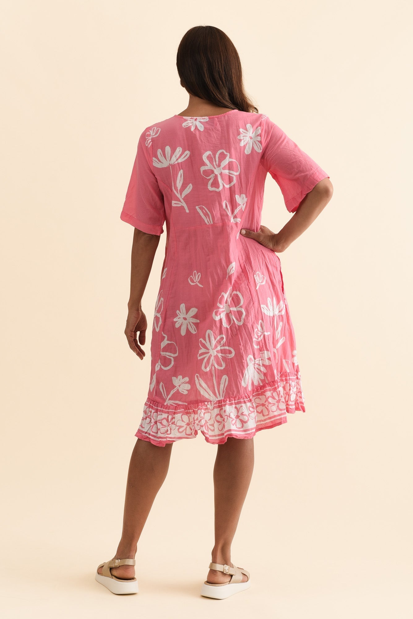 Mila Pink Flower Crinkle Cotton Dress Side View