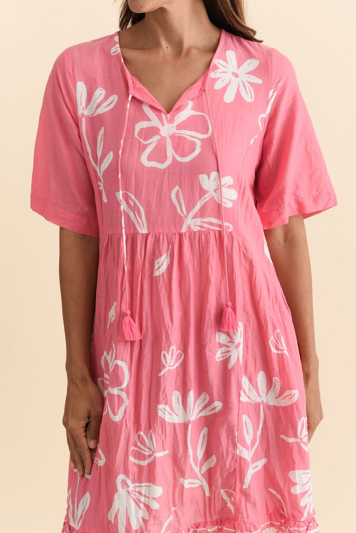 Mila Pink Flower Crinkle Cotton Dress Detail View