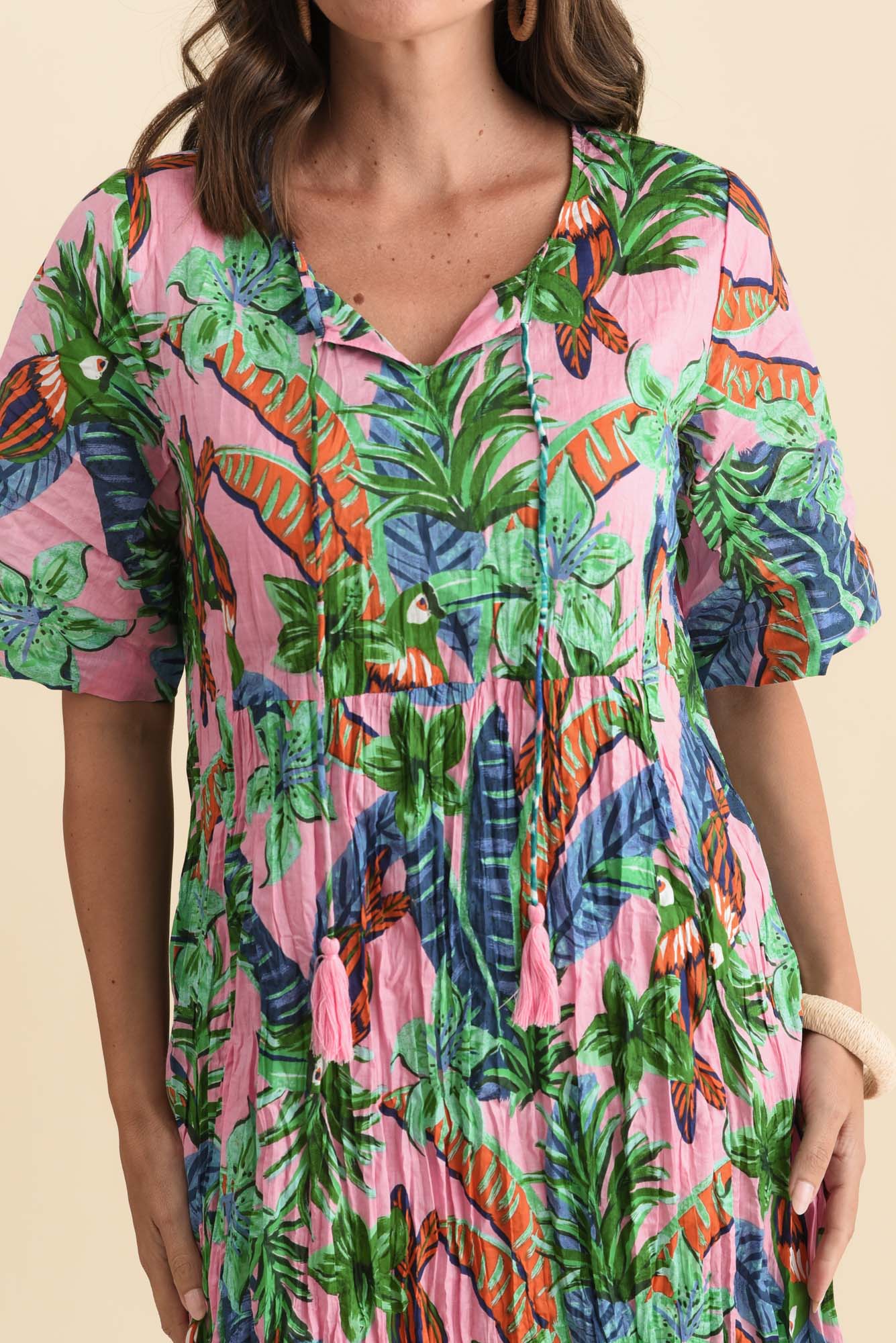 Mila Pink Jungle Crinkle Cotton Dress Detail View