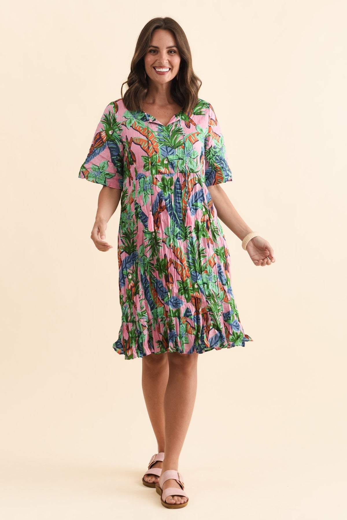 Mila Pink Jungle Crinkle Cotton Dress Front View 2