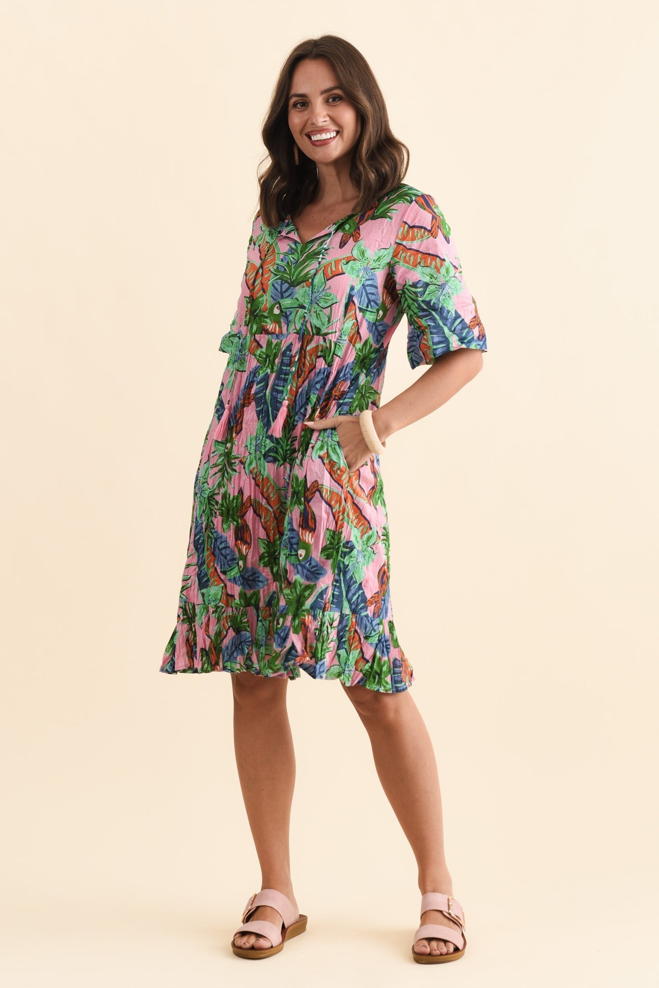 Mila Pink Jungle Crinkle Cotton Dress Front View