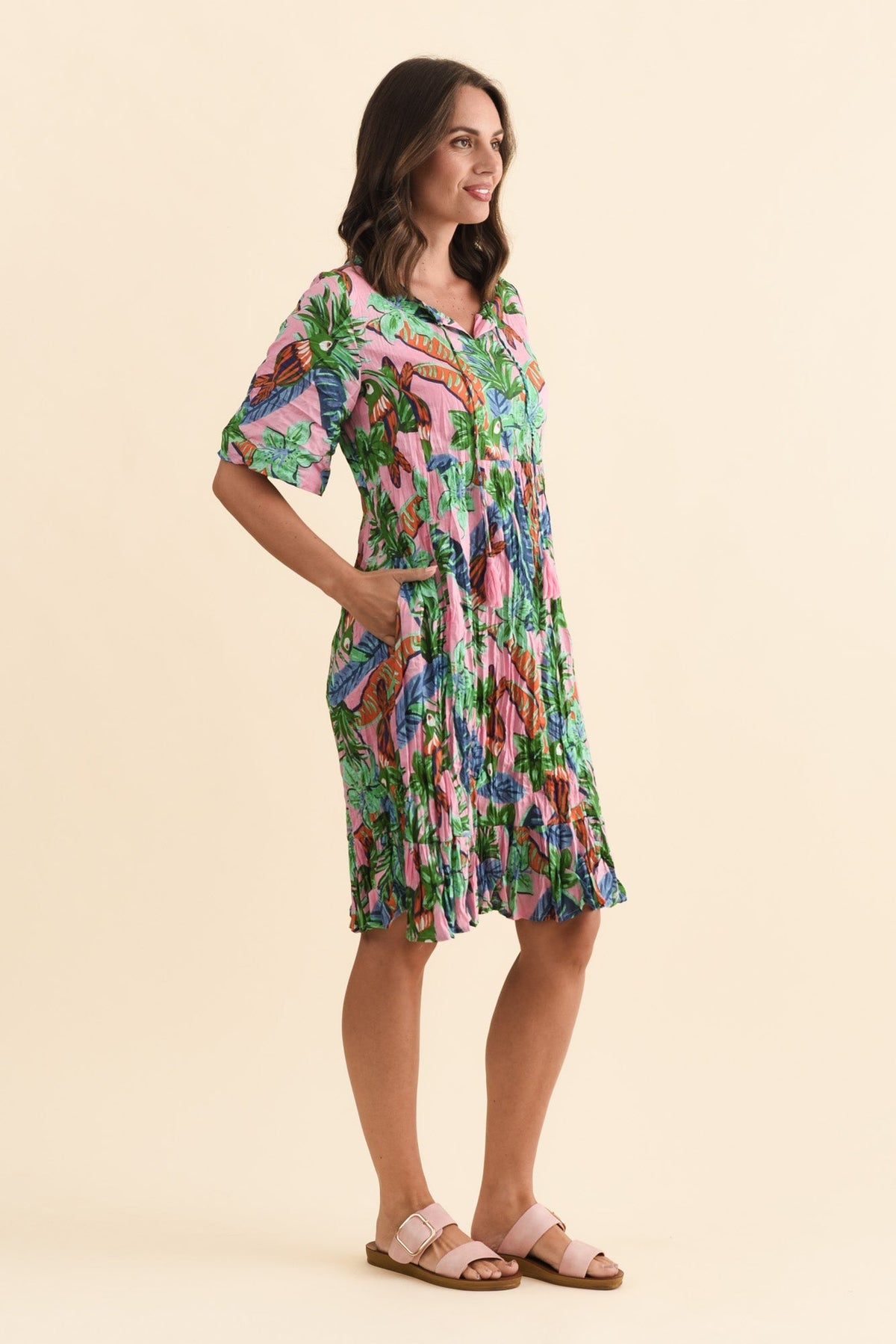 Mila Pink Jungle Crinkle Cotton Dress Back View