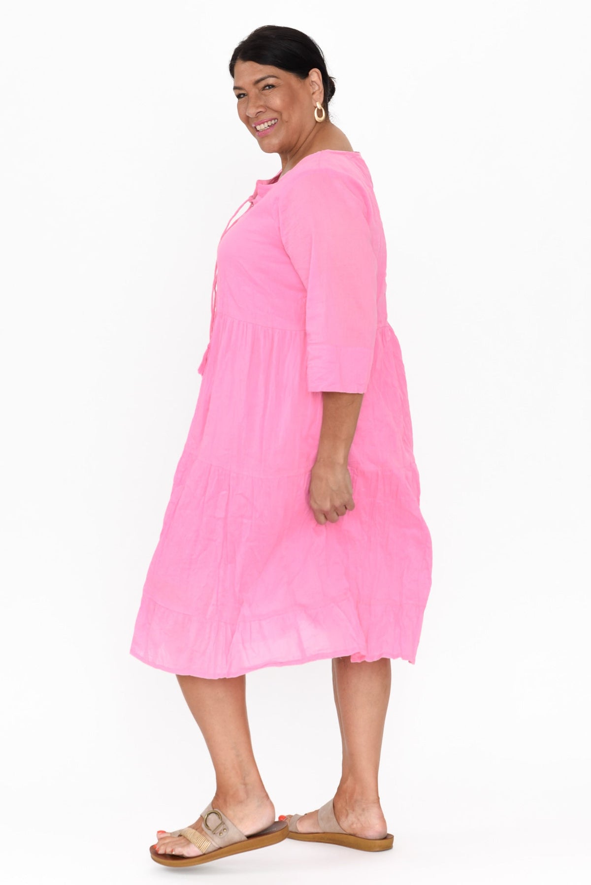 Milana Bright Pink Crinkle Cotton Dress Detail View 2