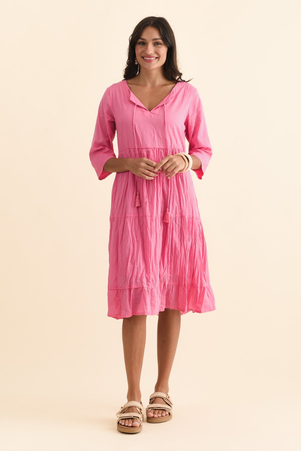 Milana Bright Pink Crinkle Cotton Dress Full Length View
