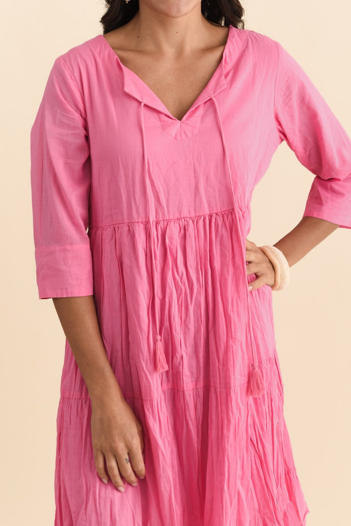 Milana Bright Pink Crinkle Cotton Dress Detail View