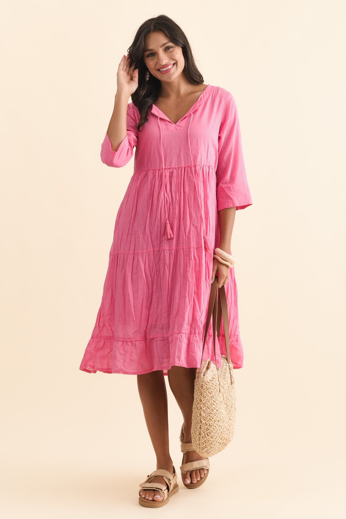 Milana Bright Pink Crinkle Cotton Dress Front View 2